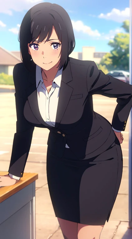 shinkai makoto, kimi no na wa., 1girl, bangs, black hair, blush, dark purple eyes, sky, cloud, looking at the viewer, outdoors, short hair, smile, solo, suit, office lady, black skirt, black blazer, pencil skirt, white shirt, collared shirt, brown pantyhose, teenager,