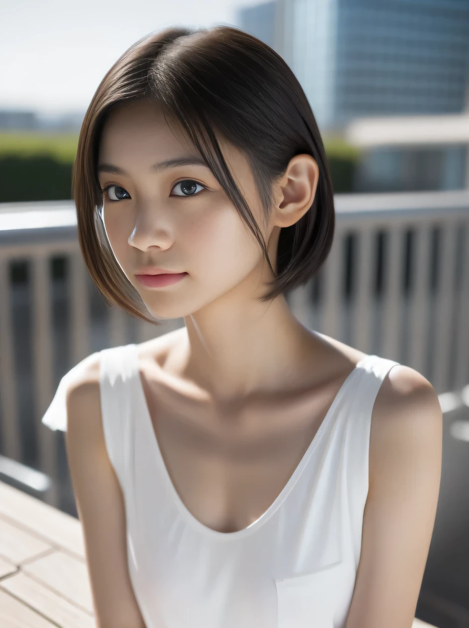 beach、Clear blue sky、Connecting、seiza、put your hand in your crotch、miku hatsune、official art, masterpiece, sharp focus, (Beautiful and gorgeous cute Japanese woman:1.3), (Beautiful cute Japan woman:1.3),beauty of japan, Delicate and beautiful hair, eyes and face, realistic, ultra-detailedliert, beautiful girl, blue sky, white glowing particles, (side light:1.2), Light of the sun, White cloud, fine clouds, Slender, 1 girl, dynamic angle,full body, 100 floors,table top,Highest,Highest,wonderful,wonderful,detailed,stylish,figure,action shot, Aiming at the audience, put one's hand in one's pocket, , dull bangs, hairpin, shy,Ultra-fine illustration,(((beautiful thin hair))),(((beautiful and well-shaped face))),(((beautiful detailed background))),, junior high girl、(((shortcut:1.3))),(Beautiful dark-skinned Japan woman:1.2)、(Editorial about a beautiful 12-year-old half-Fipioman.