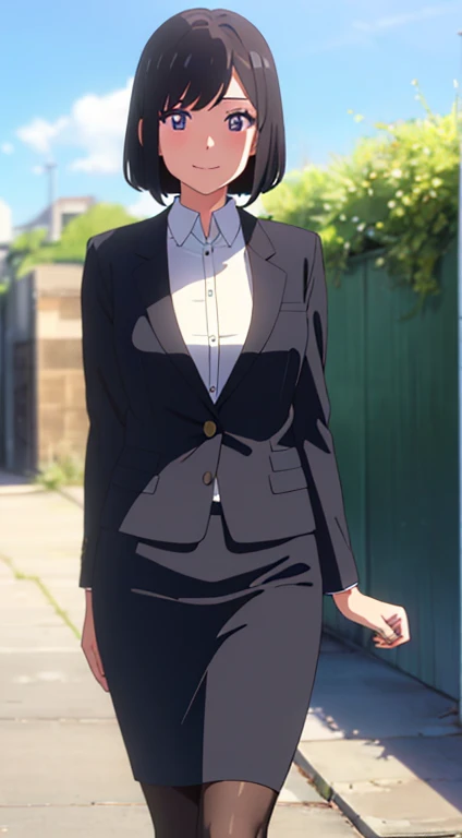 shinkai makoto, kimi no na wa., 1girl, bangs, black hair, blush, dark purple eyes, sky, cloud, looking at the viewer, outdoors, short hair, smile, solo, ​suit, office lady, black skirt, black blazer, pencil skirt, white shirt, collared shirt, brown pantyhose, teenager,