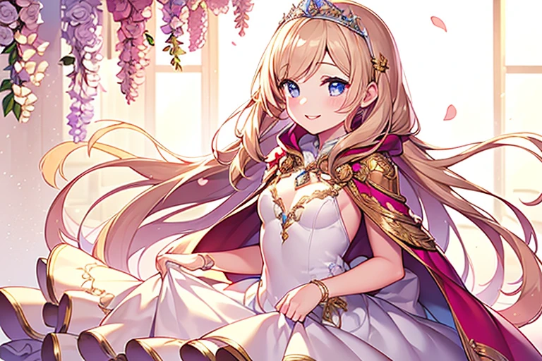 (kawaii),(best quality),(ultra detailed),(rococo style),(long train pastel pink cape:1.15), very long cape,(long train white ball gown with flower decorations:1.1), a girl is wearing a cape over her gown, 1 little princess, tiara, smile, very long hair, small breasts, beautiful detailed eyes, beautiful detailed lips, looking at viewer