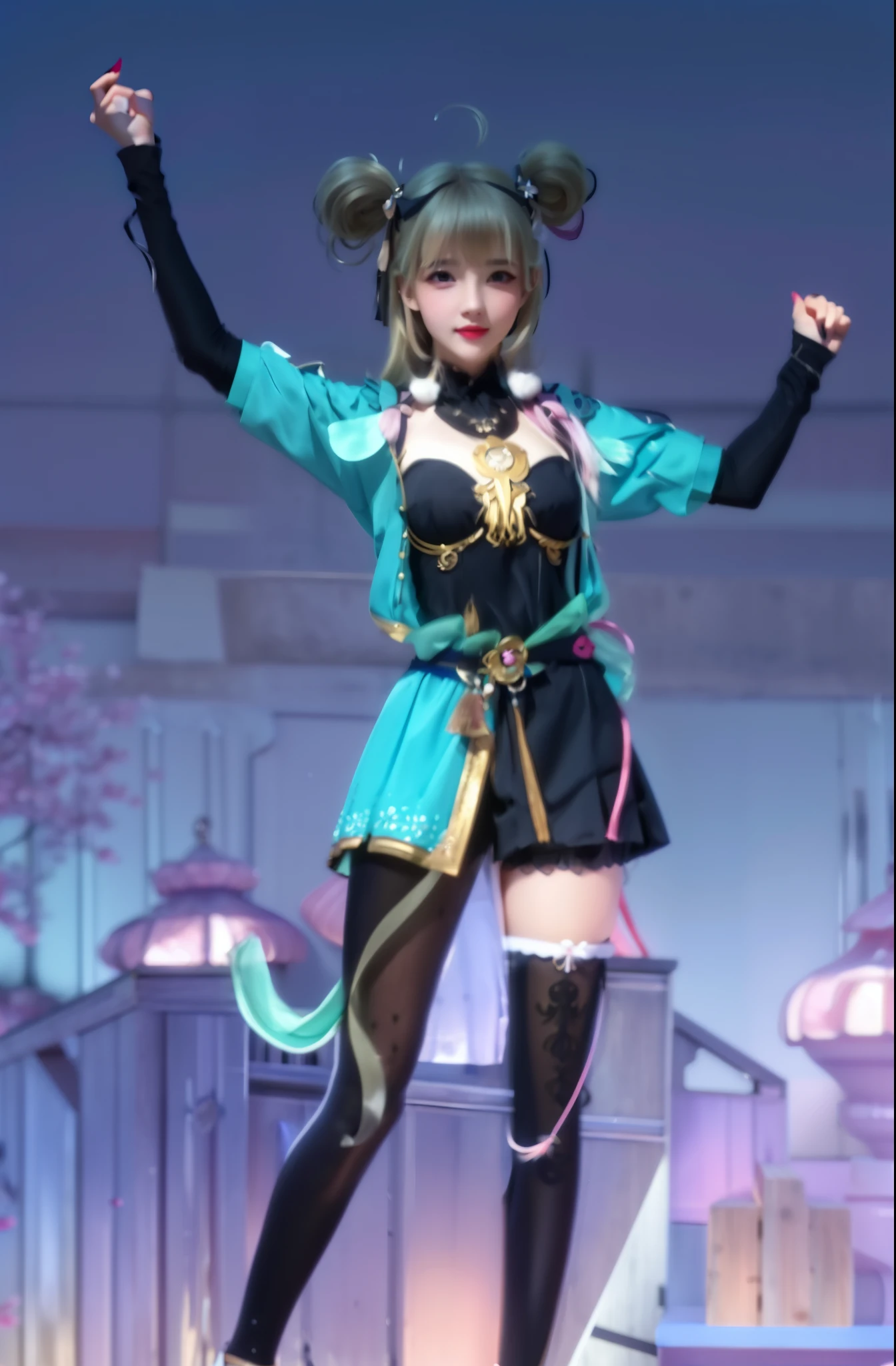 (8k, 4k, best quality, highres:1.2), (maasterpiece, realistic, photo realistic:1.37), 1girl, solo, beautiful face, eyelashes, nose, glossy lips, (detailed eyes, looking at viewer, fair skin, white skin:1.5), fine complexion, upper body, large breasts, busty,, (:1.5), outdoor onsen, two side up, absurdly long hair, blonde hair, pink hair, bangs, hair ornament, bow, younger, aged down