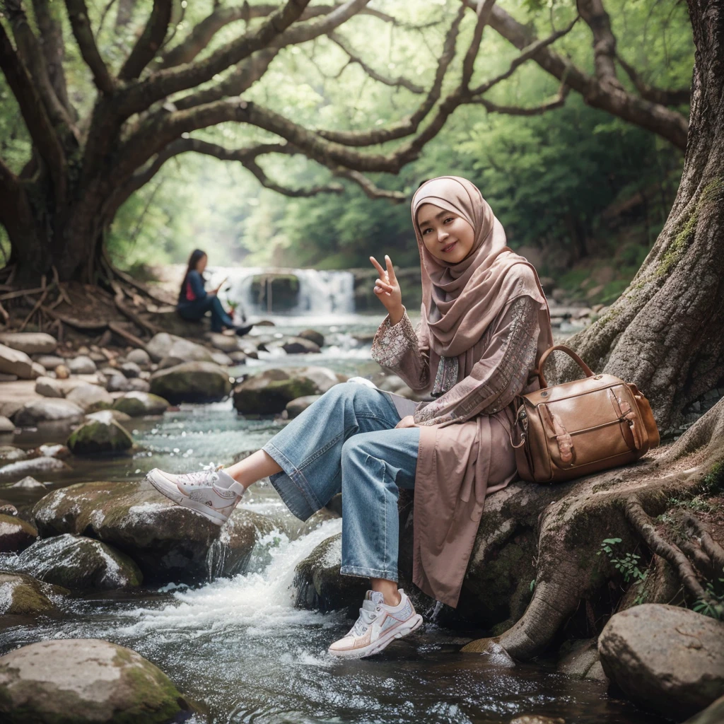 best quality, masterpiece, ultra high res, (photorealistic:1.2), 1girl, (detailed face:1.2), (detailed eyes:1.2), (detailed hair:1.2), (detailed clothes:1.2), 4k, , wide shoot photography, A 13-year-old korean woman wearing hijab, wearing shoes and bags, sitting beside a small river of rocks, dancing on a tree, behind there is a waterfall and a beautiful tree, smile facing the camera, full body, 4k, super detailed, realistic, hyperrealism
