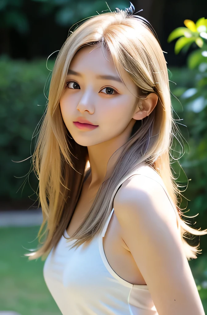 Female in her s and twenties, long hair, Japanese, idol, light beige hair color, slightly smiling, natural sunlight, cool outfit, cute, image is 4K resolution, more detailed, real, front view