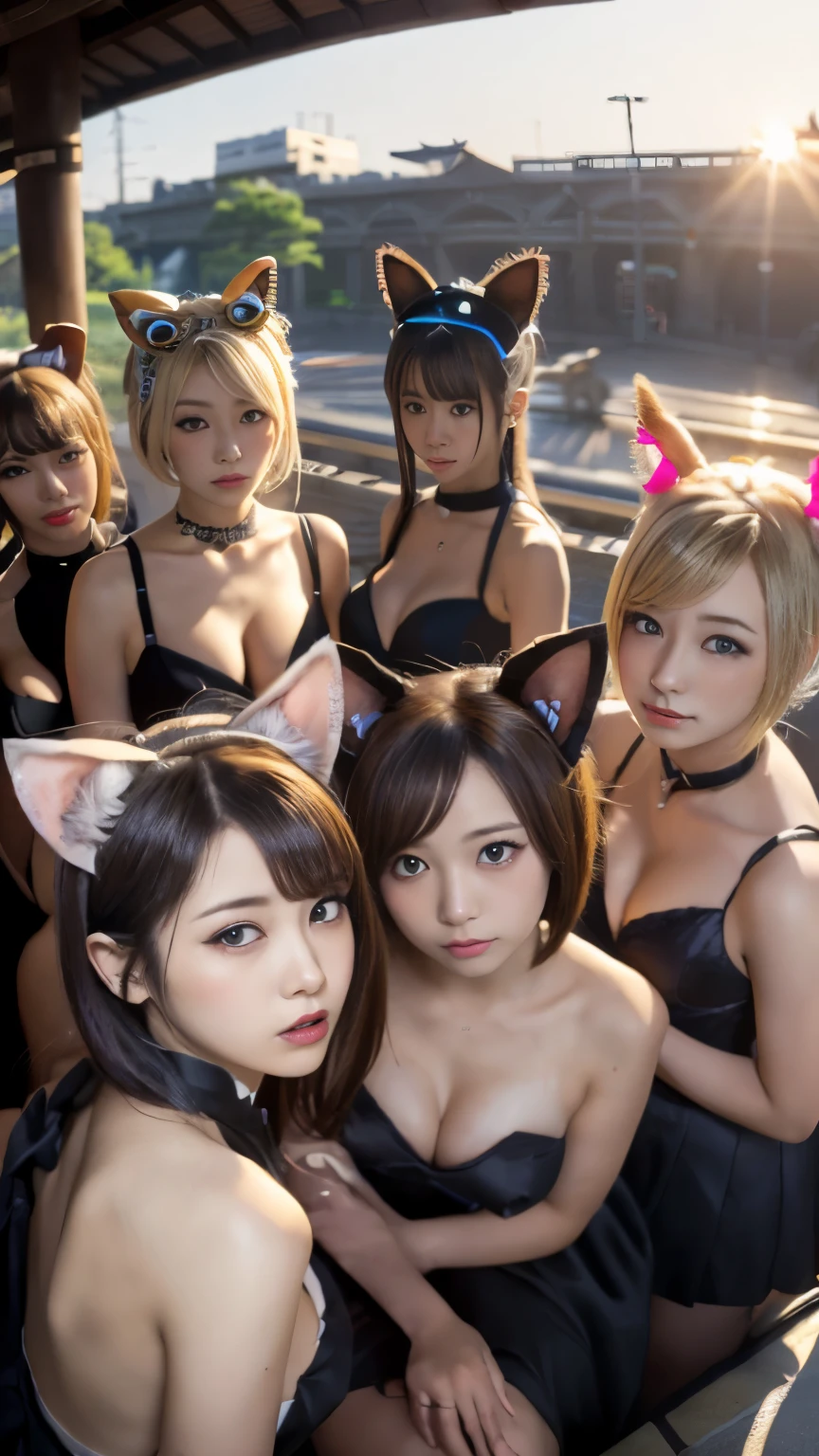 masterpiece, 4k, (multiple girls, harem, group picture:1.4), Beautiful high school girl, (Japanese idle:1.6), harem, (cat ears:1.4), , sundown, train station, close up,