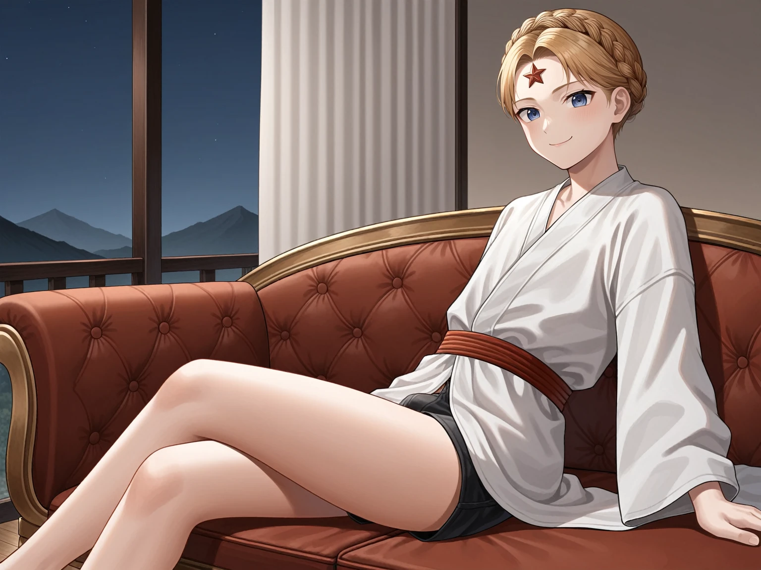 source_anime,score_9,score_8_up, score_7_up, 1boy,solo,outdoors, atomic heart, couch, indoors, seductive, face closeup, ((closed mouth)), smirk, thighs, long shot, balcony, mountain and riverbackground, fancy, white couch, laying, leaning, front view, exposed penis, shorts with rope outline, white robe, genderswap, genderbend, bulge, genderbend ftm, ftm, short hair, femboy, Japanese rope underwear, shota, young, very young, aged down, lole, tiny, night time, smug, smirk, night, after dark, cannopy curtain, curtain, fancy cannopy curtian, medium penis