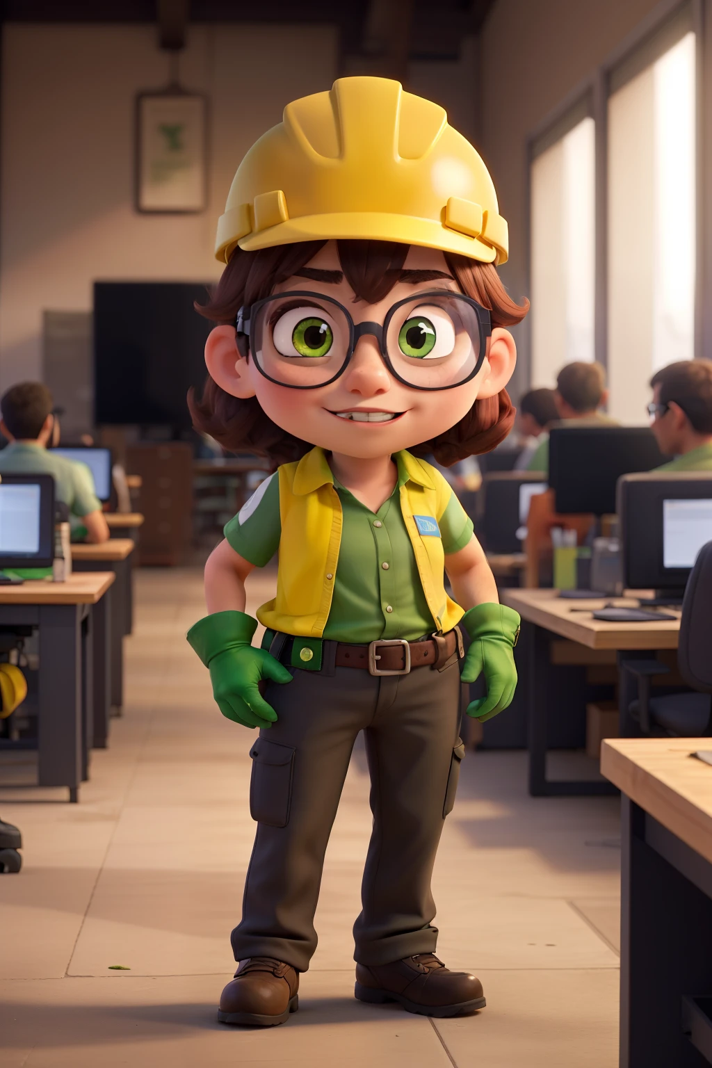 Mascote, Workplace safety, usando capacete, luva, safety glasses, camisa verde. Mulher