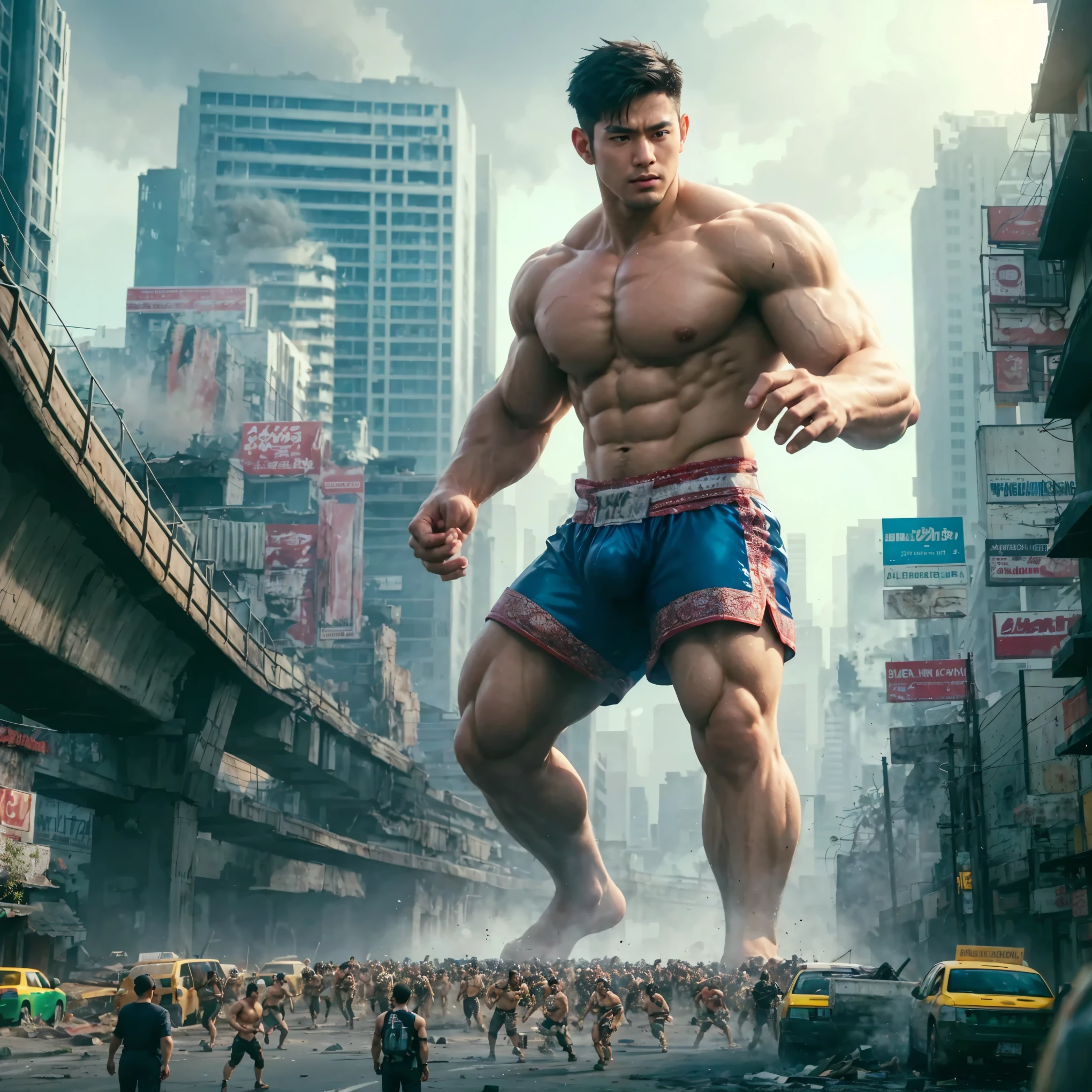 1boy, an Asian young and handsome hunk in a latex bikini as a gigantic titan is destroying a city, crew cut, sweaty, dynamic pose, full body, angry, young, bulge, hell, rampage, debris, explosion, smoke and fire, realistic and hyper-detailed rendering, masterpiece, best quality, high detailed, ultra-detailed, photorealistic, 8k, natural shadow, Highest detail, Detailed background, Depth of field, high brightness, high saturation