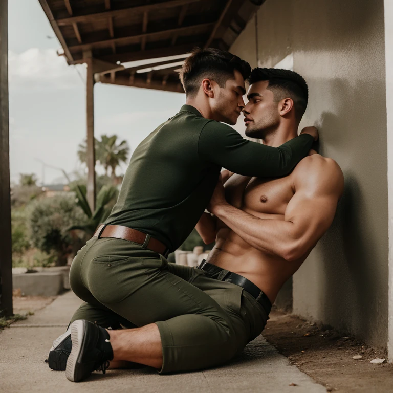 Two handsome men with athletic bodies, they were wearing military pants, shirts and shoes, they were hugging each other, their lips were kissing each other, and their crotches were rubbing against each other