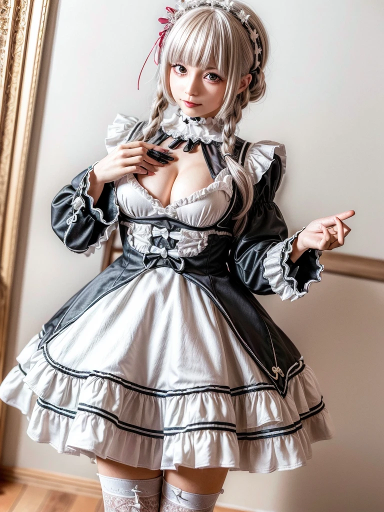 (8K, Photorealistic, Raw photo, of the highest quality: 1.3), (1girl in), Super beautiful, (Realistic face), (boyish, Silver Color Berry Shorthair), Beautiful , Glare that captivates the viewer, Beautiful expression, Beautiful breasts, (Realistic skin), Be...Super high quality, super high definition, super detailed, masterpiece, 20years old, female, cute, perfect face, beautiful, nice body, gothic lolita clothes, gothic lolita fashion, frilly skirt, headdress, necklace, bracelet, knee-high socks, boots, double eyelids, tear bags, Detailed down to the fingers, photo-like description, indoors, dim indoor lighting, big breasts, blonde hair, semi long, standing, whole body, composition that shows the whole body, smiling,Optimal ratio of 4 fingers and 1 thumb