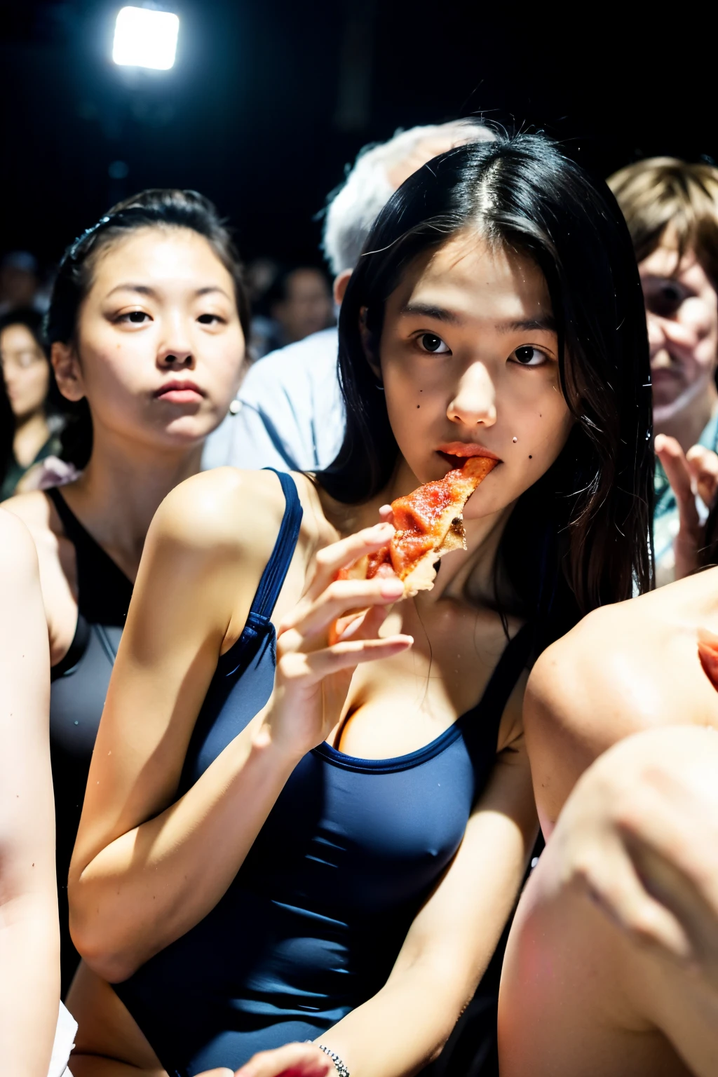 ((highest quality)), ((masterpiece)), (be familiar with), ugly face,Glamour, swimsuit,no makeup, crowd, A composition that includes the whole body from head to knees,Eating pizza,The number of limbs and fingers is normal