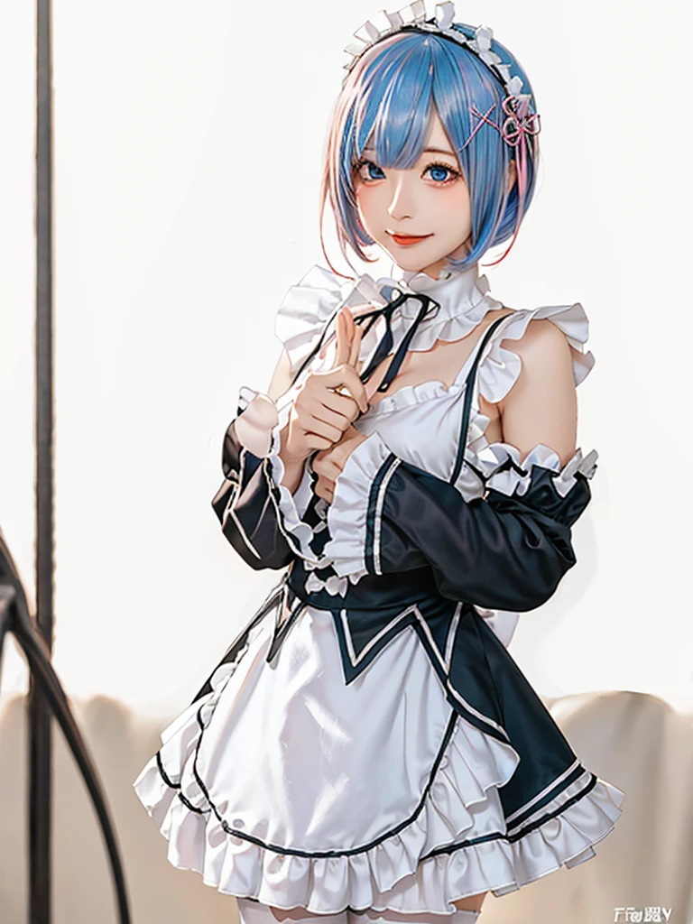 (8K, Photorealistic, Raw photo, of the highest quality: 1.3), (1girl in), Super beautiful, (Realistic face), (boyish, pink Color Berry Shorthair), Beautiful , Glare that captivates the viewer, Beautiful expression, Beautiful breasts, (Realistic skin), Be...Create a detailed and colorful image of Ram and Rem from Re:Zero, standing back-to-back in their maid outfits, with a magical fantasy background、14years old, two girls,cute, perfect face, beautiful, nice body, gothic lolita clothes, gothic lolita fashion, frilly skirt, headdress, necklace, bracelet, knee-high socks, boots, double eyelids, tear bags, Detailed down to the fingers, photo-like description, indoors, dim indoor lighting, one girl is pink hair and short bob, another girl is light blue hair and short bob,standing, sexy posing,whole body, composition that shows the whole body, smiling,The Both of them are wearing the same type of maid outfit,Optimal ratio of 4 fingers and 1 thumb
