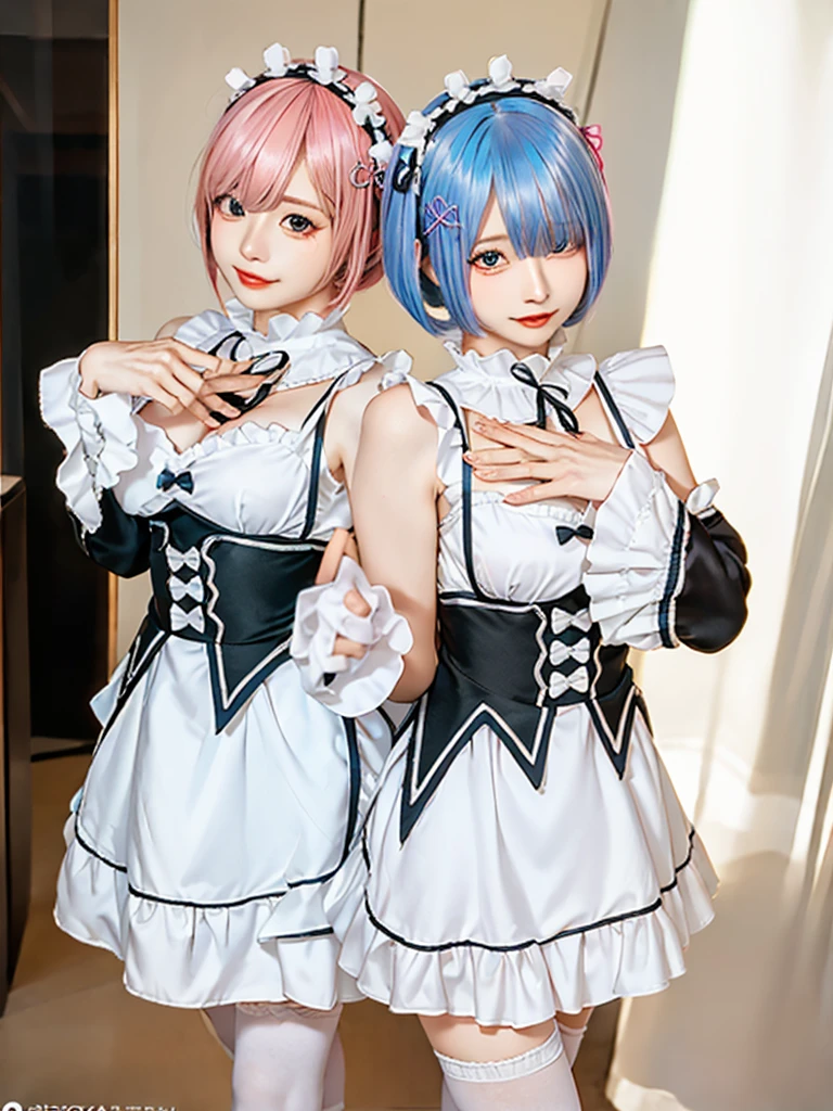 (8K, Photorealistic, Raw photo, of the highest quality: 1.3), (1girl in), Super beautiful, (Realistic face), (boyish, pink Color Berry Shorthair), Beautiful , Glare that captivates the viewer, Beautiful expression, Beautiful breasts, (Realistic skin), Be...Create a detailed and colorful image of Ram and Rem from Re:Zero, standing back-to-back in their maid outfits, with a magical fantasy background、14years old, two girls,cute, perfect face, beautiful, nice body, gothic lolita clothes, gothic lolita fashion, frilly skirt, headdress, necklace, bracelet, knee-high socks, boots, double eyelids, tear bags, Detailed down to the fingers, photo-like description, indoors, dim indoor lighting, one girl is pink hair and short bob, another girl is light blue hair and short bob,standing, sexy posing,whole body, composition that shows the whole body, smiling,The Both of them are wearing the same type of maid outfit,Optimal ratio of 4 fingers and 1 thumb