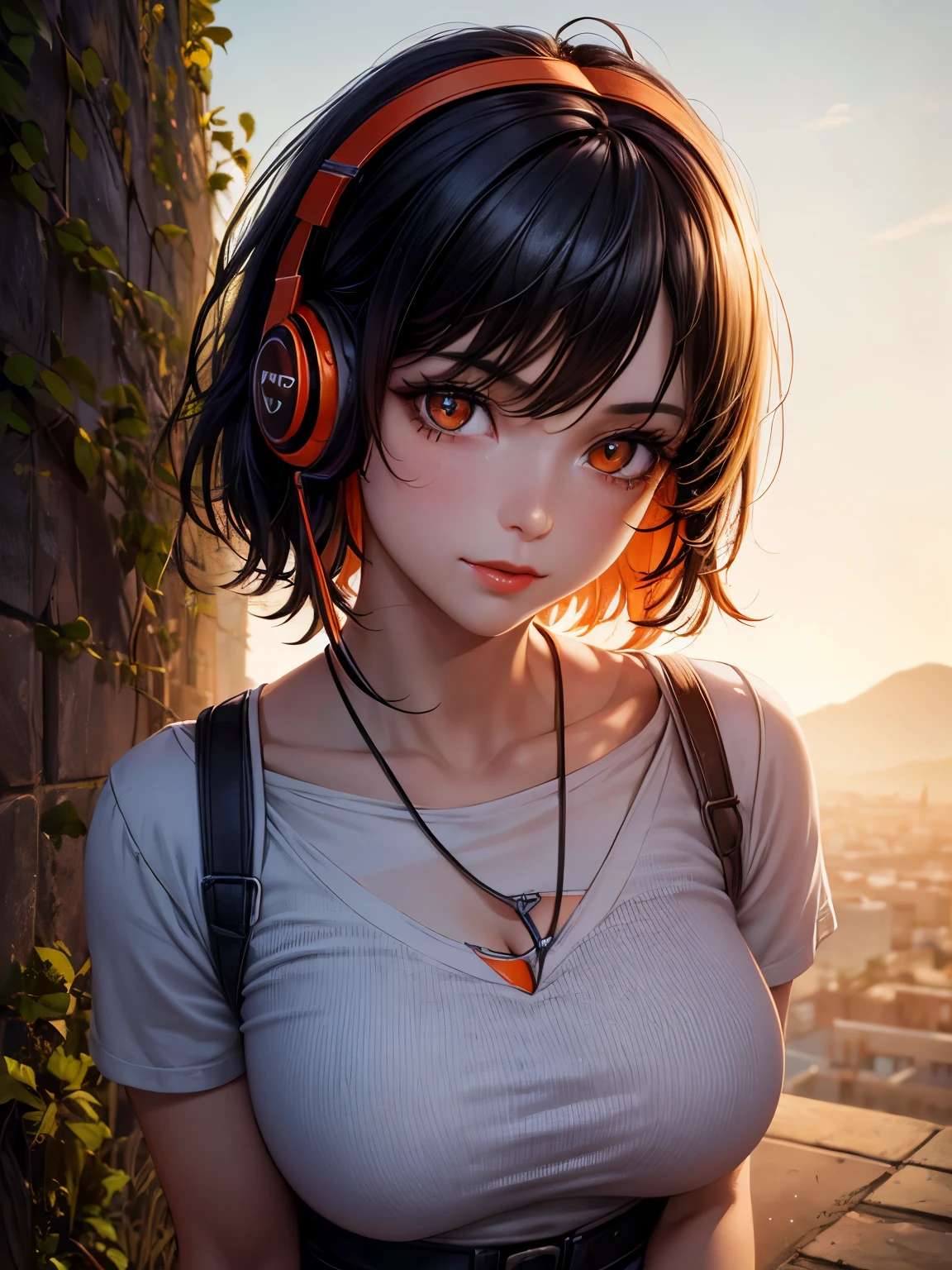 ((Close up, face of a beautiful girl with bright orange eyes))), (beautiful expressive orange eyes: 0.7), realistic face, realistic eyes, realistic hair, eyeliner, red lipstick, (average breasts: 1, 2 ), (76-1Shirt), pants with torn details, outdoors, blue sky, shade trees, Looking at the viewer. (Evil smile: 0.8), black hair, messy hair, short hair, headphones behind head, Realism, from above, cinematic lighting, shine, masterpiece, best quality, high resolution, high details, textured skin , anatomically correct, 4K