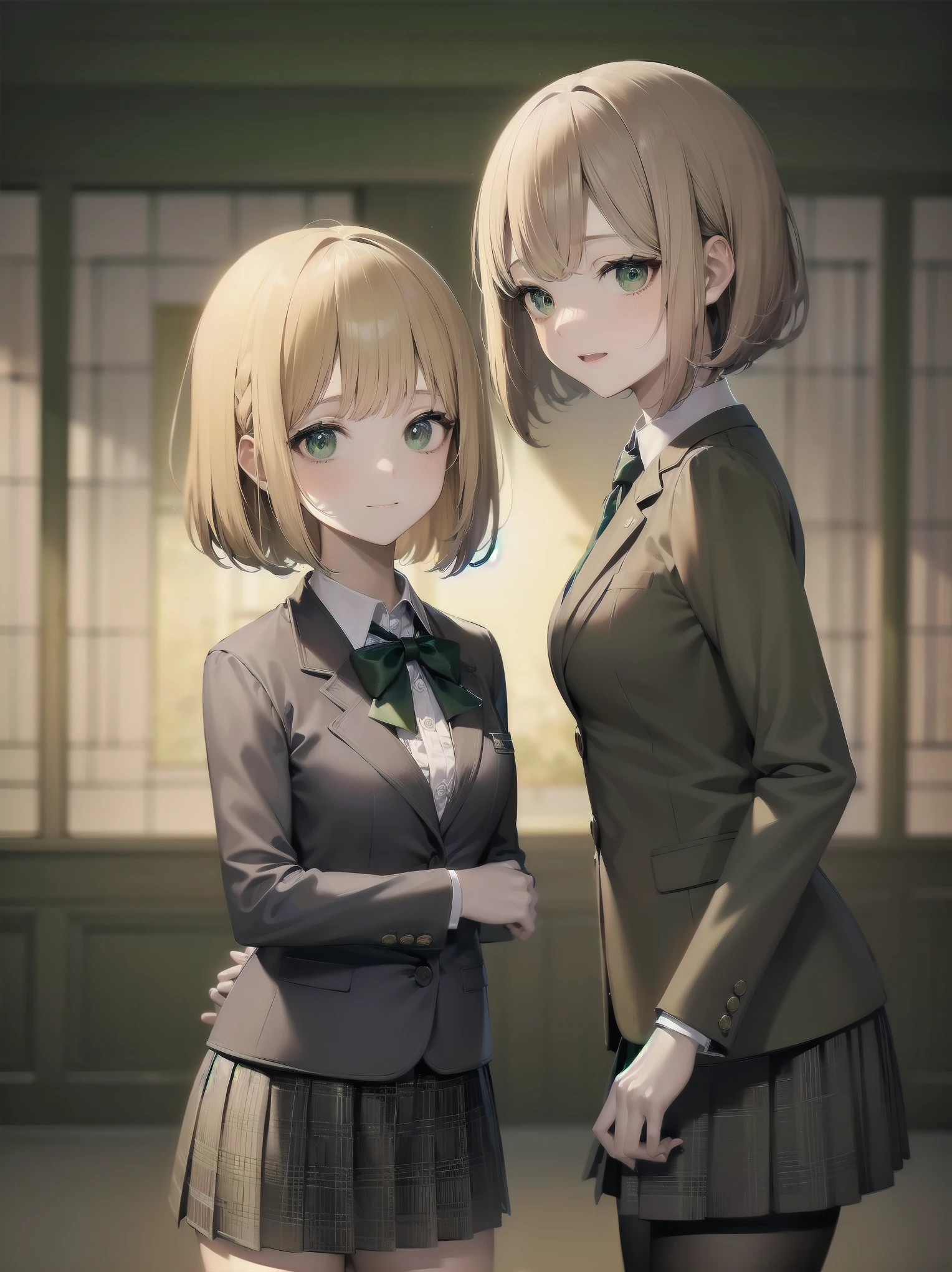 Top-High quality、Highest image quality、masterpiece、high contrast、Elegant、erotic expression、high school girl、blonde、Bob cut braids、uniform、(brown blazer)、ribbon tie、(Green and gray plaid skirt)、(black tights)、cinematic lighting、fine shading、cute、Truly unbelievably cute absurd、outside、outside苑