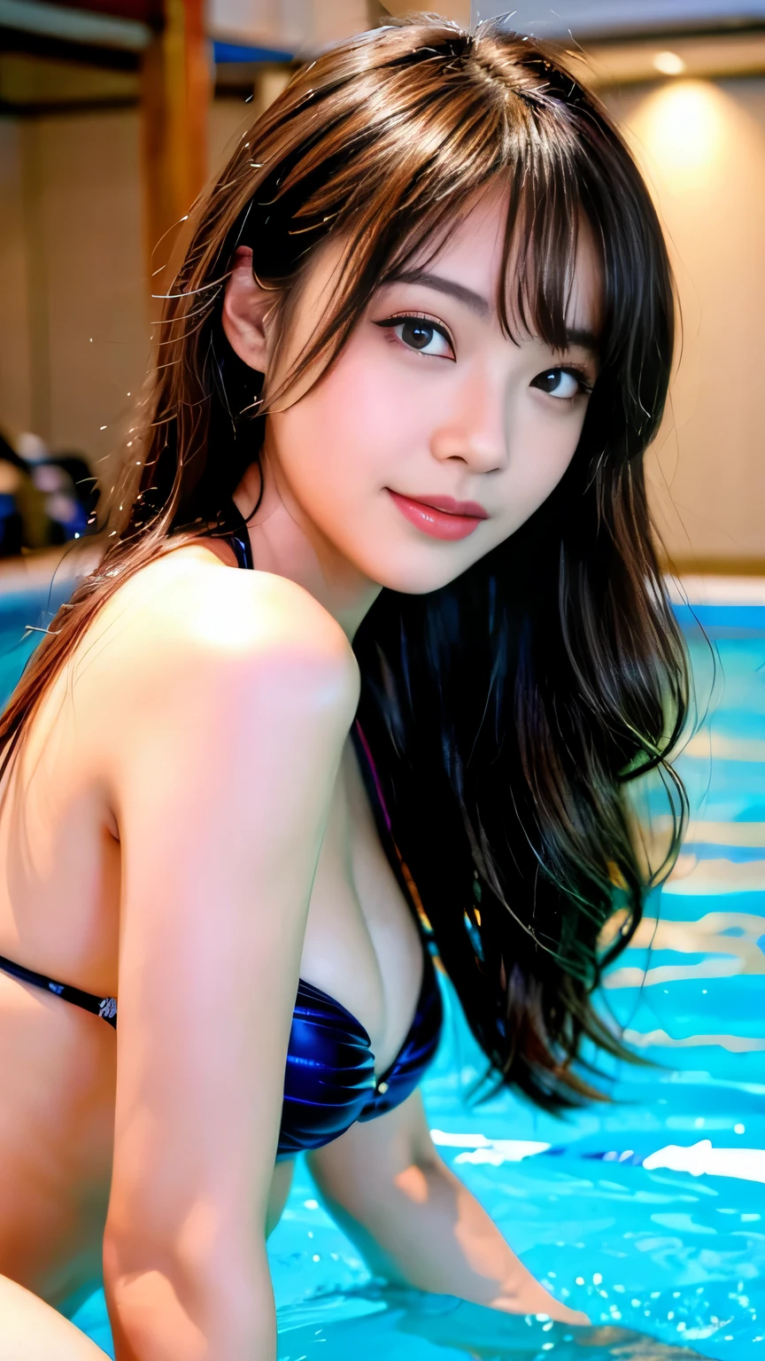 ((highest quality, 8K, masterpiece: 1.3)), concentrated: 1.2, cute girl 1, perfect beauty: 1.4,Micro triangle side-tie bikini swimsuit: 1.2,,1.1,Full body shot、backwards、stick out your butt、 Highly detailed face and skin textures, fine eyes, double eyelid, whitening skin, ,highest quality,ultra high resolution,you,1 girl,alone,_shiny_skin,black eye,necklace,((Brown_length_wavy_hair)),kiss cute、(lips)),eyelash,front hair,deal with,compensate,pore,skin texture,big breasts、smiling face、In the water of the indoor heated pool、Swimming、The hair is wet、