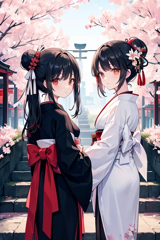 ((masterpiece,best quality)),2girls, black kimono, black legwear, black ribbon, black hair, cherry blossoms, day, flower, hair bun, hair ribbon, japanese clothes, kimono, long hair, looking at viewer, looking back, multiple girls, obi, outdoors, red eyes, red hair, ribbon, sandals, single hair bun, stairs, standing, statue, torii, tree, white kimono, yellow eyes