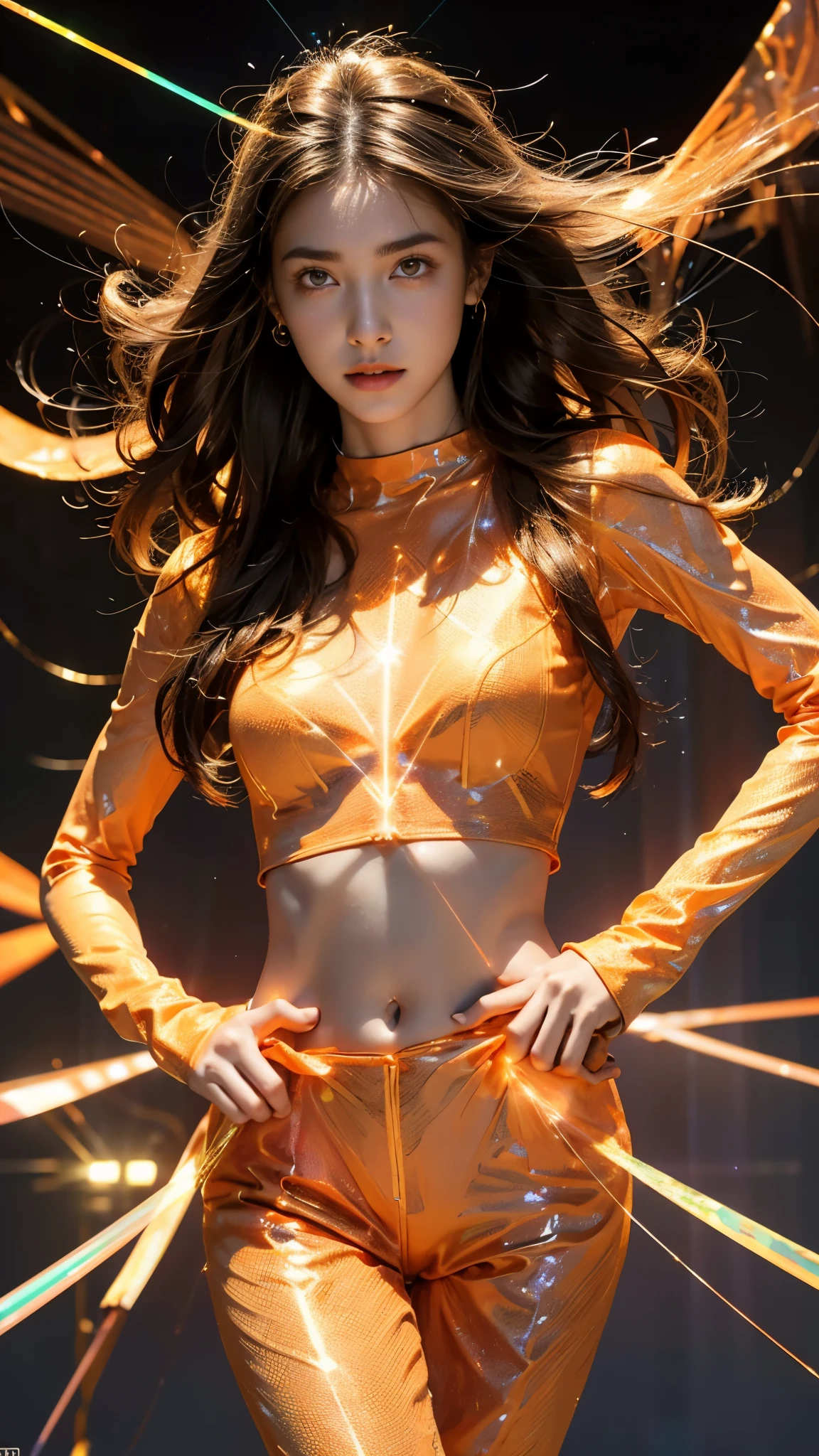 8K, ultra hd, masterpiece, 1 girl, (good face:1.4), detailed eyes, very long hair, impressive hairstyle, earings, necklace, small breasts, (glowing outfit:1.5), see-through, (orange laser outfit:1.5), Light-colored foundation brings out the skin, (in the dark:1.5), mystery, (laser lights:1.8), glowing lights, very decoration, The laser falls like water, perfect front body,