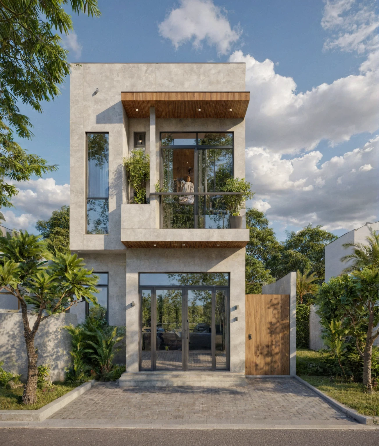 Raw photo,Masterpiece, high quality, best quality, authentic, super detail,
exterior, outdoors, house style modern on the street, glass windows, gate, wooden ceiling,
road,pavement, trees, sky, cloud, (daylight:1.1)