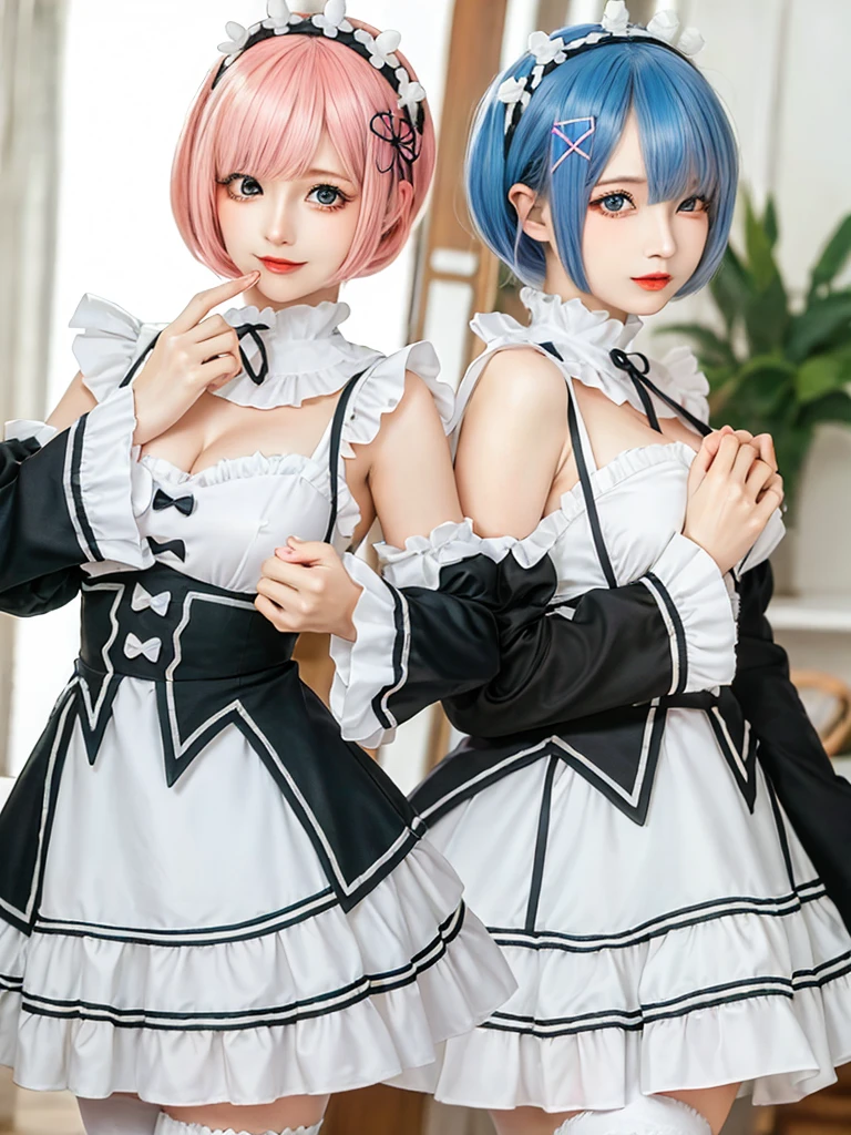(8K, Photorealistic, Raw photo, of the highest quality: 1.3), (1girl in), Super beautiful, (Realistic face), (boyish, pink Color Berry Shorthair), Beautiful , Glare that captivates the viewer, Beautiful expression, Beautiful breasts, (Realistic skin), Be...Create a detailed and colorful image of Ram and Rem from Re:Zero, standing back-to-back in their maid outfits, with a magical fantasy background、14years old, two girls,cute, perfect face, beautiful, nice body, gothic lolita clothes, gothic lolita fashion, frilly skirt, headdress, necklace, bracelet, knee-high socks, boots, double eyelids, tear bags, Detailed down to the fingers, photo-like description, indoors, dim indoor lighting, one girl is pink hair and short bob, another girl is light blue hair and short bob,standing, sexy posing,whole body, composition that shows the whole body, smiling,The Both of them are wearing the same type of maid outfit,Optimal ratio of 4 fingers and 1 thumb