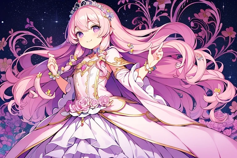 (kawaii),(best quality),(ultra detailed),(rococo style),(long train pastel pink cape:1.15), very long cape,(long train white ball gown with flower decorations:1.1), a girl is wearing a cape over her gown, 1 little princess, tiara, smile, very long hair, small breasts, beautiful detailed eyes, beautiful detailed lips