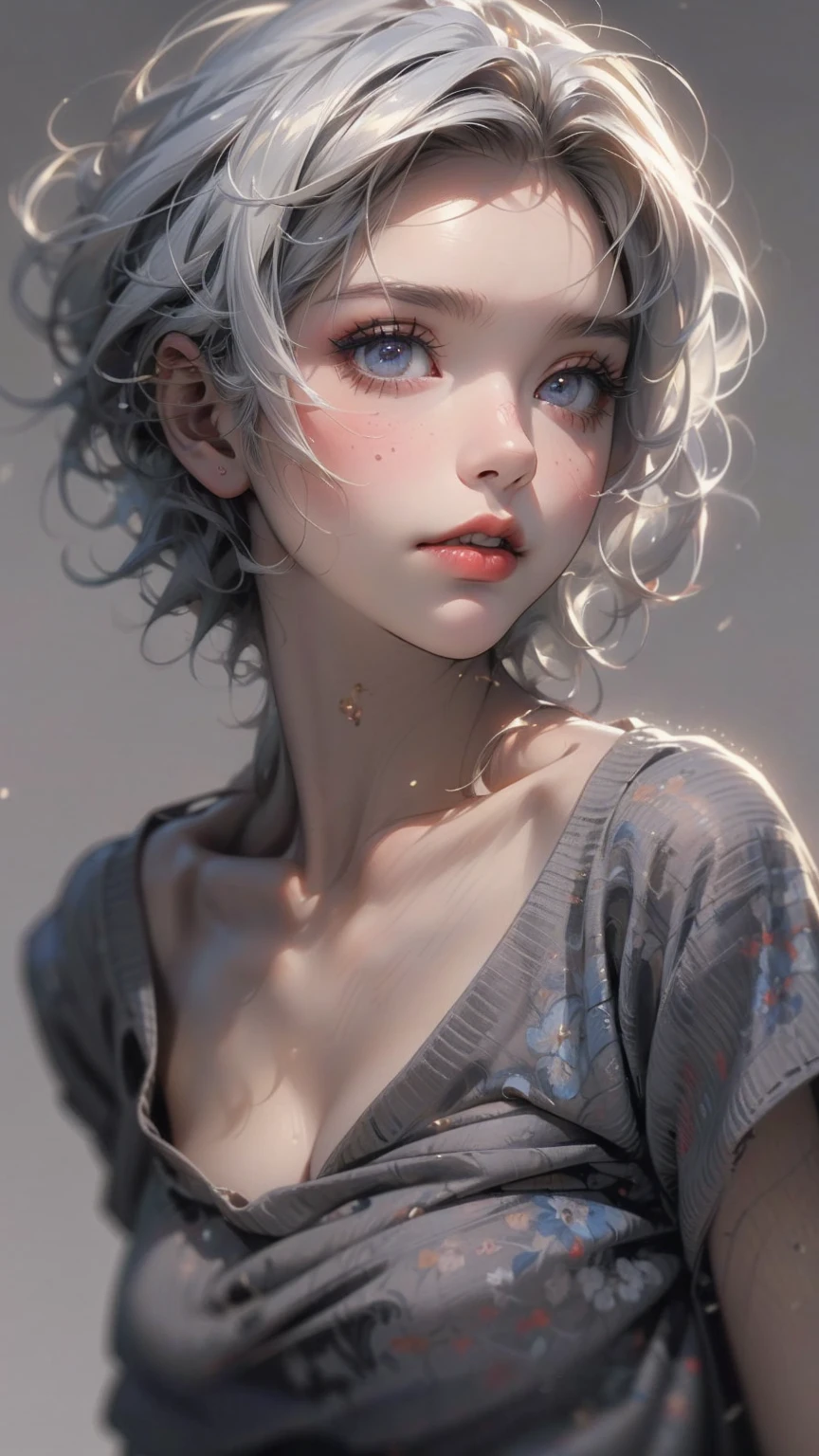 (masterpiece, High resolution, highest quality), ((20 year old woman, Composition from head to stomach, upper body focus)), fashion pose, detailed eyes, Avant-garde makeup, messy short hair:1.2, ash gray hair, blurred background, The deserted backstreets of Cuba:1.3, cinematic lighting, anime style, simple lines, digital painting,