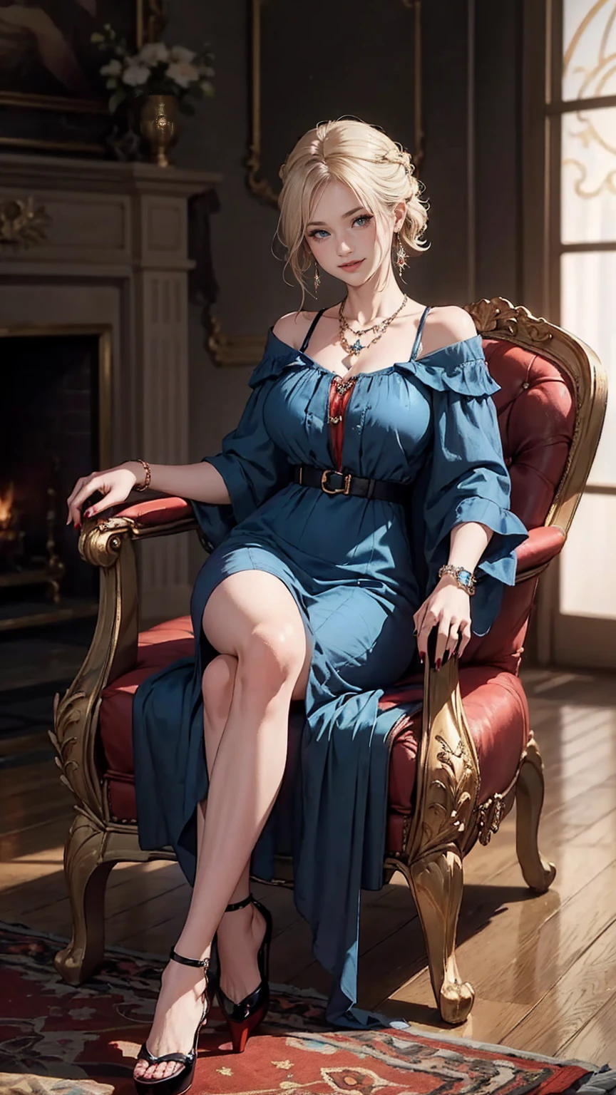 (highest quality, High resolution, masterpiece :1.3), 25 year old white woman、platinum blonde、blue eyeedium long hair、my hair is wavy、smile、Slender but well-proportioned muscular body、I'm wearing earrings、I'm wearing a necklace、Wearing accessories on wrists and ankles、I'm wearing a ring、I don't want my head to disappear from the screen.、Wearing red nail polish、I have a peticure、smile、chest pocketしてる、nice buddy、big breasts、chest pocket、Wearing a strap-shoulder dress、wearing high heels、In a luxurious room、Sit in a luxurious chair