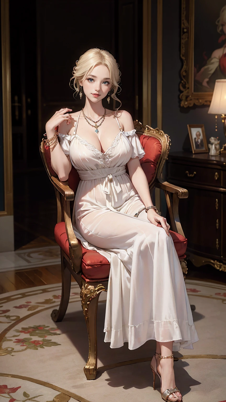(highest quality, High resolution, masterpiece :1.3), 25 year old white woman、platinum blonde、blue eyeedium long hair、my hair is wavy、smile、Slender but well-proportioned muscular body、I'm wearing earrings、I'm wearing a necklace、Wearing accessories on wrists and ankles、I'm wearing a ring、I don't want my head to disappear from the screen.、Wearing red nail polish、I have a peticure、smile、chest pocketしてる、nice buddy、big breasts、chest pocket、Wearing a strap-shoulder dress、wearing high heels、In a luxurious room、Sit in a luxurious chair