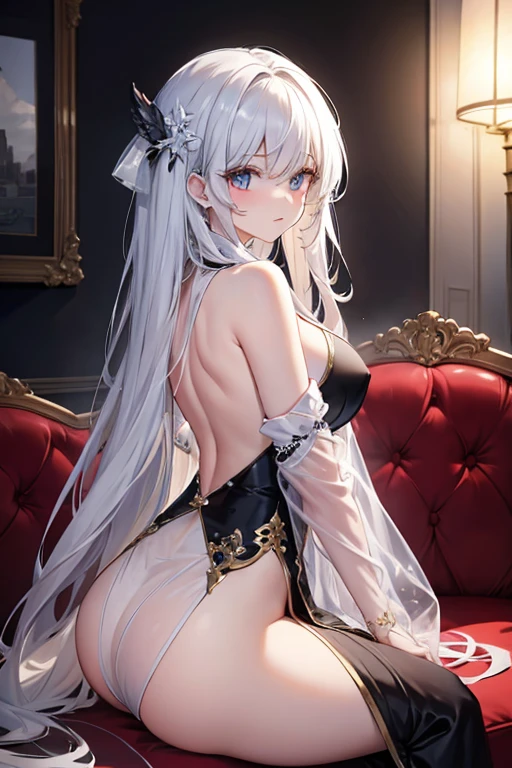 "(top-quality、tmasterpiece:1.2，Unity 16K wallpaper, Masterpiece, Best quality, super ultra detail, Extremely detailed CG, Caustics, Cinematic lighting, Detailed, Beautiful detailed eyes, Solo), ultra high resolution, Fine skin, s girl，long  white hair、Smooth skin、Beautiful mouth、Smooth legs、busty figure，Black and white transparent close-fitting cheongsam，Moon，On the sofa，Extend your hands to me，Tall and tall，Visible on the back，Butt visible,Lateral breasts are visible"