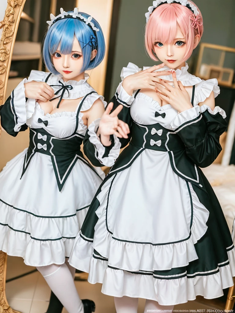 (8K, Photorealistic, Raw photo, of the highest quality: 1.3), (1girl in), Super beautiful, (Realistic face), (boyish, pink Color Berry Shorthair), Beautiful , Glare that captivates the viewer, Beautiful expression, Beautiful breasts, (Realistic skin), Be...Create a detailed and colorful image of Ram and Rem from Re:Zero, standing back-to-back in their maid outfits, with a magical fantasy background、14years old, two girls,cute, perfect face, beautiful, nice body, gothic ta clothes, gothic loliashion, frilly skirt, headdress, necklace, bracelet, knee-high socks, boots, double eyelids, tear bags, Detailed down to the fingers, photo-like description, indoors, dim indoor lighting, one girl is pink hair and short bob, another girl is light blue hair and short bob,standing, sexy posing,whole body, composition that shows the whole body, smiling,The Both of them are wearing the same type of maid outfit,Optimal ratio of 4 fingers and 1 thumb