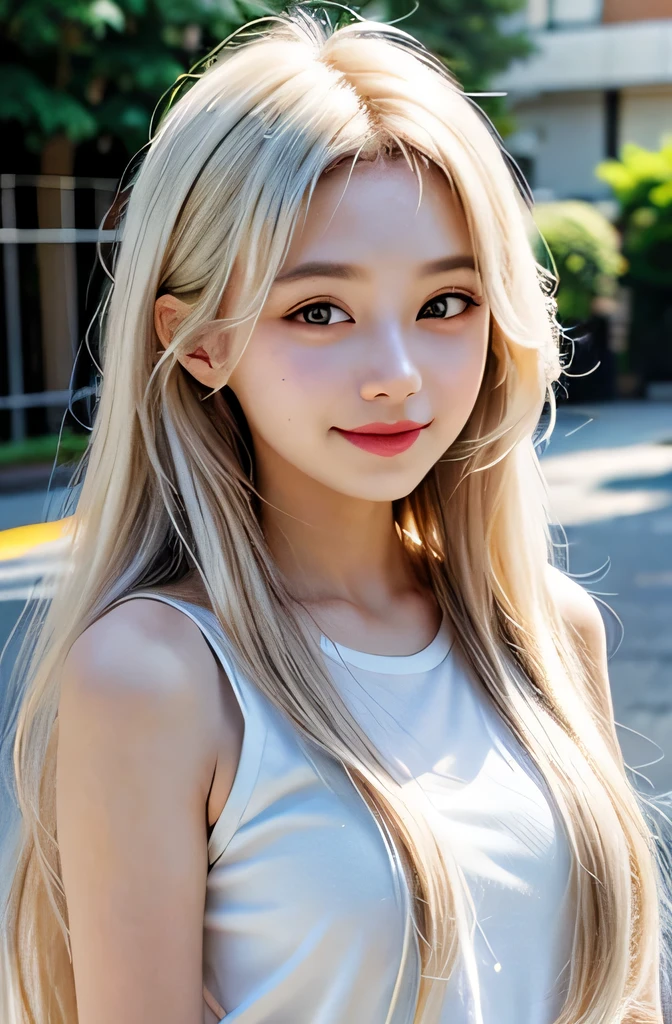 Teenage girl, long hair, Japanese, idol, white beige hair color, smiling slightly, natural sunlight, cool outfit, cute, image is 4K resolution, more detailed, real, front view