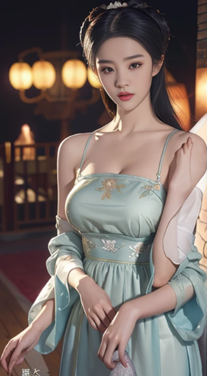 Super detailed,very detailed,best quality,masterpiece,Enlightenment,actual, web rod,Chinese underwear, [[[特写cleavage]]]]Huge long saggy breasts, looking at the audience，cleavage, 1个Giant Breast Girl, alone, long white hair, Half-hammered shark, clavicle, diaphragm, hanfu, shirt, , Chinese clothes, skirt, long sleeve,wide sleeves, skirt,camisole, jewelry,hair accessories, Off the shoulders, shoulder, raise arms, eternal, looking at the audience, Floral fragrance, lantern,indoors, fail, blurred background, photo background,