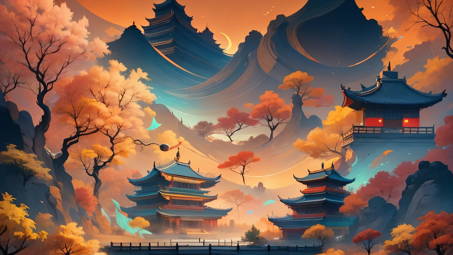(masterpiece, best quality: 1.2), Shumuzuma, negative space, Ink Bismuth, ink painting, Colorful, traditional Chinese, Mountain, trees, (Smile), looking at the audience, saturation, bright colors, neon,(Chinese landscape), (it is, amy saul style), (autumn, autumn的树叶, fallen leaves, Sunset, architecture), cover art with light Abstraction, Abstract, Simple vector art, Chinese contemporary art,Cantonese culture,Chinese architecture, color gradient, pastel color palette, layered form, whimsical animation, style Ethereal Abstract, 4K, --v6,Ultra-high-detail CG images