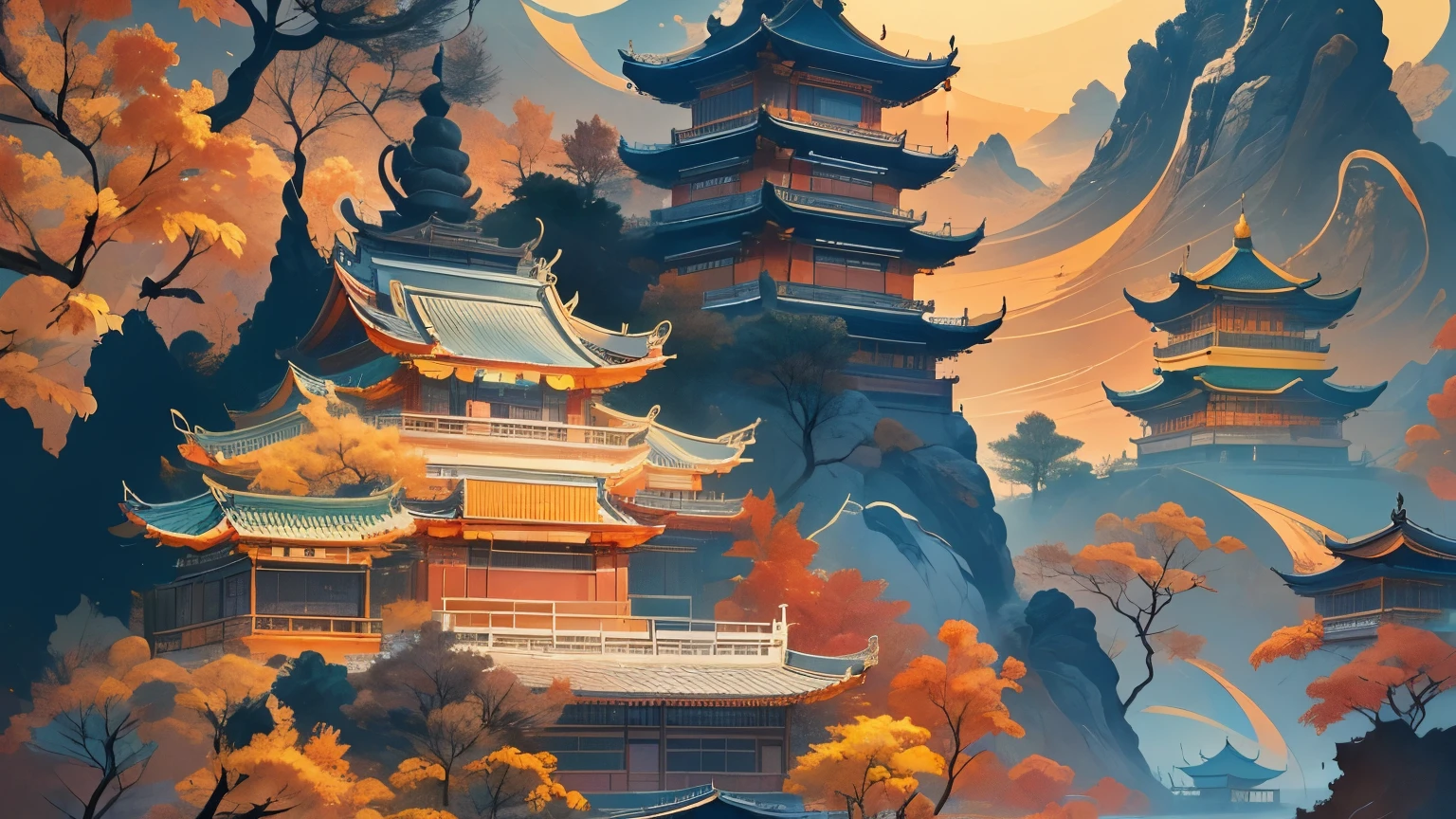 (masterpiece, best quality: 1.2), Shumuzuma, negative space, Ink Bismuth, ink painting, Colorful, traditional Chinese, Mountain, trees, (Smile), looking at the audience, saturation, bright colors, neon，(Chinese landscape), (it is, amy saul style), (autumn, autumn的树叶, fallen leaves, Sunset, architecture), cover art with light Abstraction, Abstract, Simple vector art, Chinese contemporary art,Cantonese culture，Chinese architecture， color gradient, pastel color palette, layered form, whimsical animation, style Ethereal Abstract, 4K, --v6，Ultra-high-detail CG images