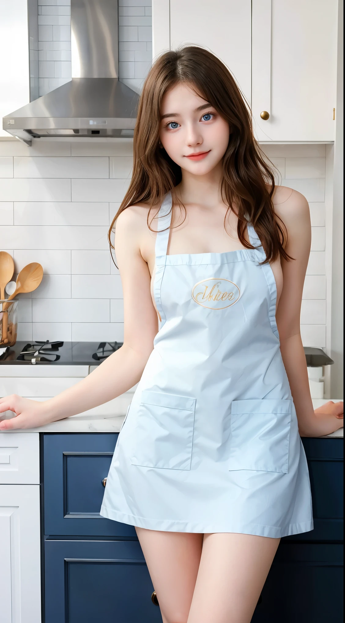 Gorgeus Girl, Beautiful, Baby Face, 20 Years Old, White Skin, Sexy Pose, naked apron, Blue Eye, Bokeh, kitchen Background, Masterpiece, Fullbody Shot,