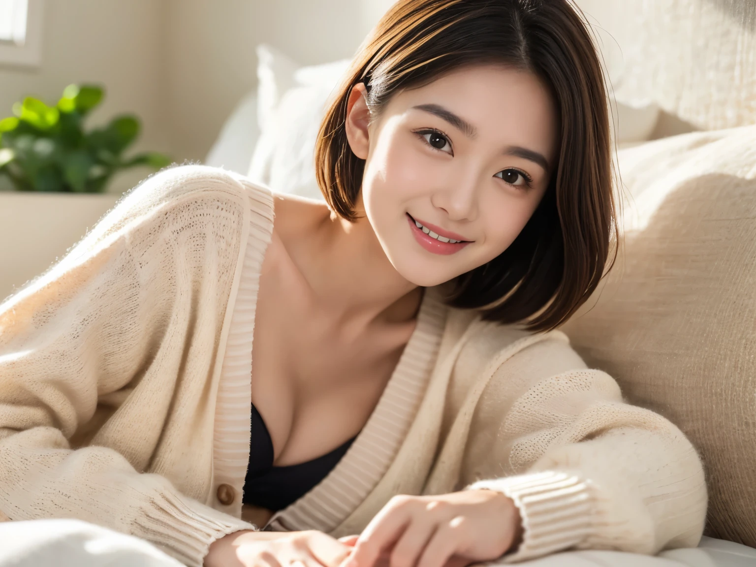 ((Lying face down))、((Lying face down looking at the camera)),(((realistic))),(highest quality、8K、masterpiece:1.3)),(1 girl)、((Small beautiful breasts))、in the bedroom、(((Plain cardigan)))、((Photographed from the front))cute woman、short hair、wore pajamas、Japanese、22 years old、Perfect smiling black hair、Healthy female body、slender body、With a smile、((Photographed from the front))、((show a little cleavage))