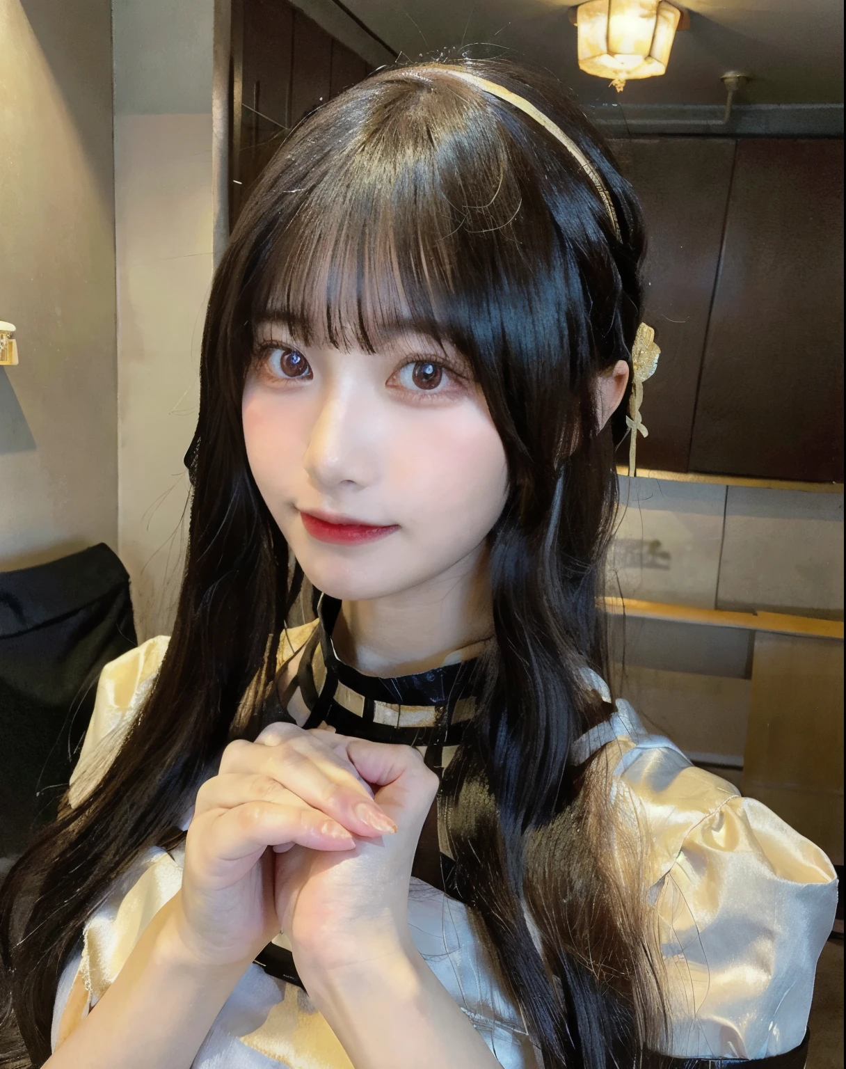 highest quality, face focus, soft light, ultra high resolution, (realistic:1.4), Raw photo, 1 Japanese girl, alone, cute, (pupil, There's a light in my eyes), detailed beautiful face, (small box),(High resolution details of human skin texture), (long hair), indoor, damask shirt dress, (portrait)