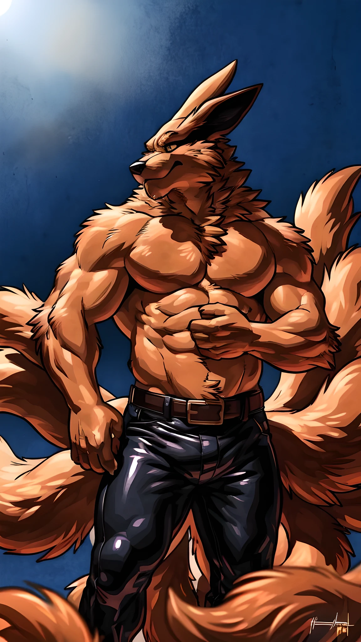 kurama, 4k, high resolution, best quality, detailed, posted on e621, solo, anthro body, older male, masculine, male, very masculine, (very muscular, defined muscles, heavyweight):1.2, (plain background:1.1), correct anatomy), (detailed eyes:1.1), sexy, (cel shaded, cartoony shading, strong shadows, dramatic lighting):1.3, confident, (by wfa, by takemoto arashi, by meesh, by Taran Fiddler), strong, (half body, upper body:1.1), (nine tails, large tails, multiple tails):1.1, watercolors:1.2, (leather pants, detailed belt, big belt)