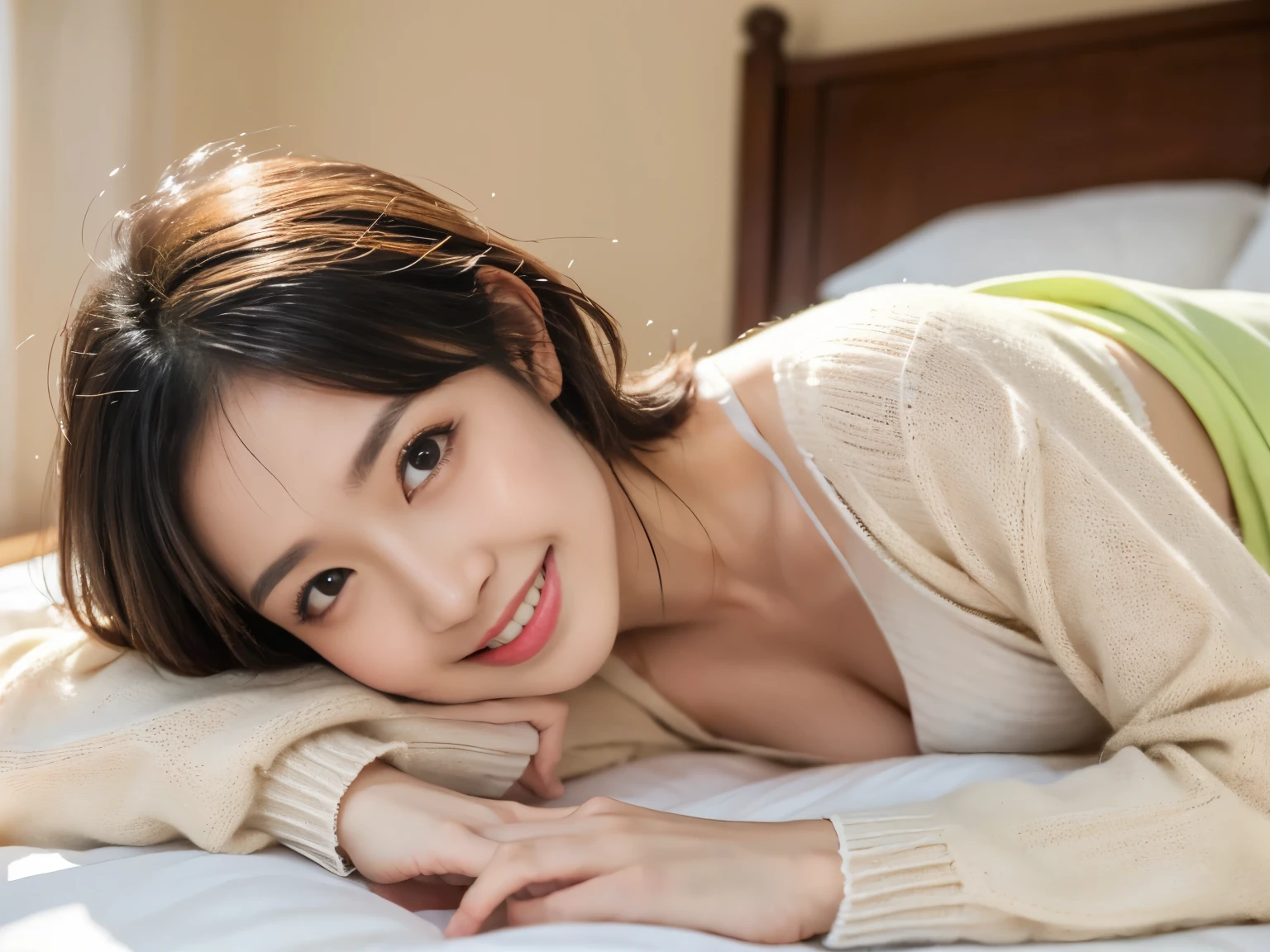 ((Lying face down looking at the camera),Lying face down、(((realistic))),(highest quality、8K、masterpiece:1.3)),(1 girl)、((Small beautiful breasts))、in the bedroom、(((Plain cardigan)))、cute woman、short hair、wore pajamas、Japanese、22 years old、Perfect smiling black hair、Healthy female body、slender body、With a smile、((Photographed from the front))、((show a little cleavage))