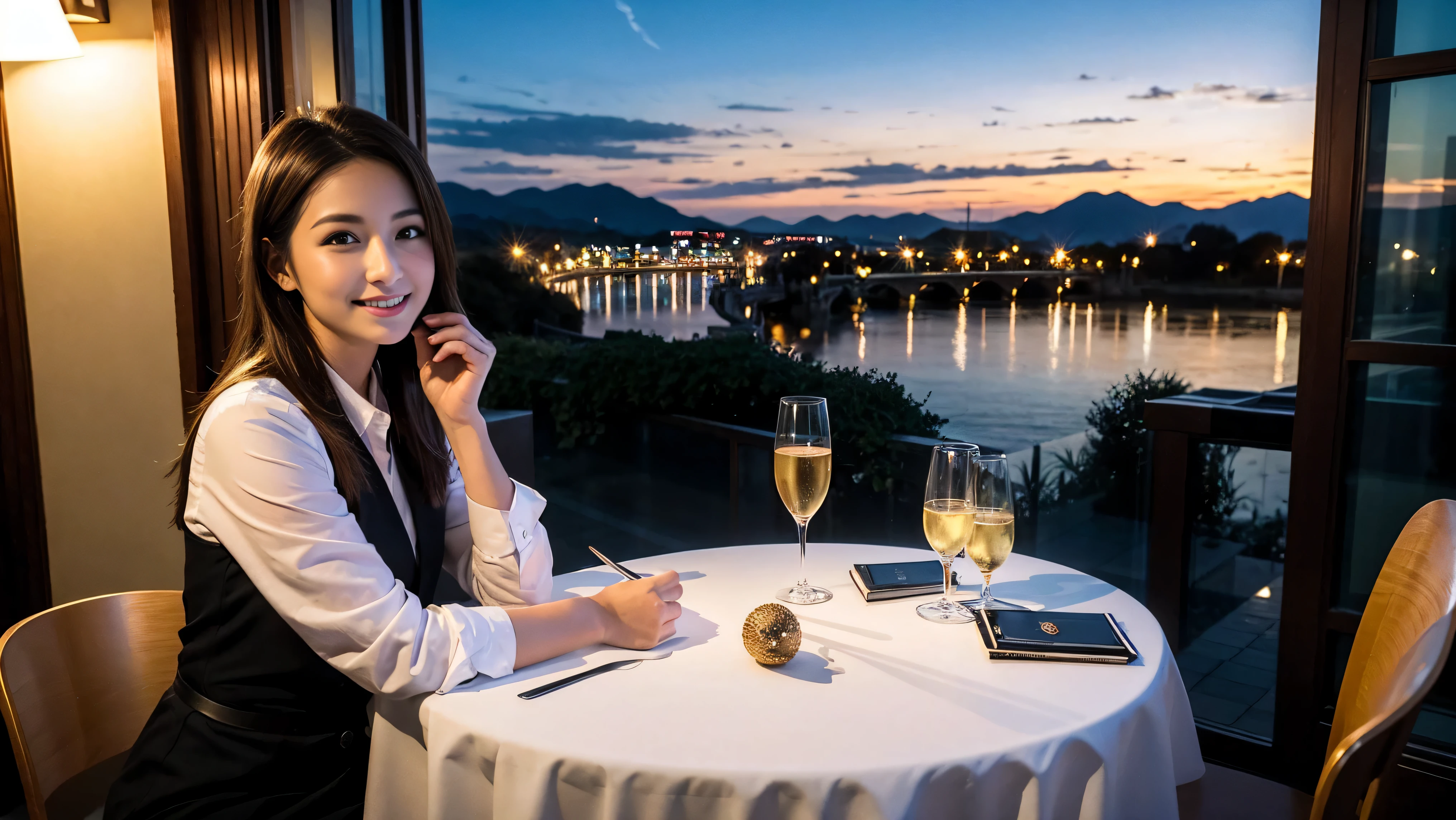 (to be born, highest quality, masterpiece:1.5), (realistic, intricate details:1.2), ultra high resolution, confused,bright image、2 Wine Beauties, beautiful face, blue eyes, fine eyes, symmetrical eyes, light shines on your face, blush your nose, short hair,Spectacular view of the sunset sky and clouds、Amazing mountain views、A bright smile、A lovely woman with a smile、The woman&#39;s face is bright、fox face、lady、Wine Party、hors d'oeuvre、Italian food、2 beauties、brown hair、shortcut、long sleeve shirt、winter fashion、dress、Japanese、Englishman、Dutch、German、Belgian、Italian、French,wine bottle、hors d'oeuvre、Champagne、sparkling wine、Pretty Woman 1, (slim face), (Because I&#39;m slender), (brown hair), (shortcut), cheeks turn a little red, (44 years old), 42 years old, attractive beauty、, A beautiful and detailed night view spreads out outside the window.........., restaurant, sitting in a wine glass, At night, in a prominent place (from the waist up) nova frog style, actress, model, Upper body, White wine, slim, wine glass, very beautiful night view, wine glass placed in the middle, Smile, (smile: 1.15), beautiful fine eyes, Depth f/2,saturation, high contrast, strong light and shadow