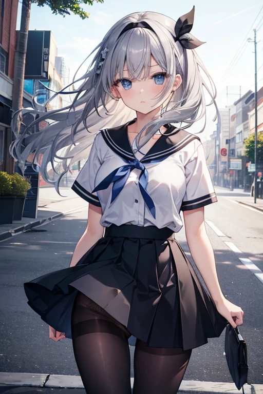 masterpiece, best quality, highres, kei1, 1girl, solo, blue eyes, long hair, social workshop uniform, short sleeves, ribbon, bangs, collarbone, gray hair, black skirt, adult appearance, anatomically correct body, hair ornament, black hair band, black pantyhose, neck ribbon, hair between eyes, medium breasts, sailor collar, back, outdoors, (wind: 1.4),  panties: 1.3)