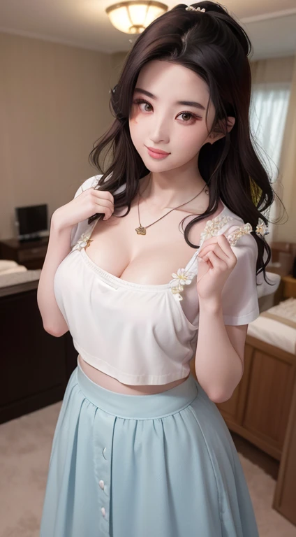 Miss((30 years old)), hair ((Black, wavy)), Eye((hazel, big deal Eye)),[[[特写cleavage]]]]巨big deal长下垂的乳房, looking at the audience，cleavage, ((flowery, women&#39;s shirts, long skirt)), ponytail, Accessories ((necklace)), big deal , of the house((bedroom)), Korean makeup, Smile,