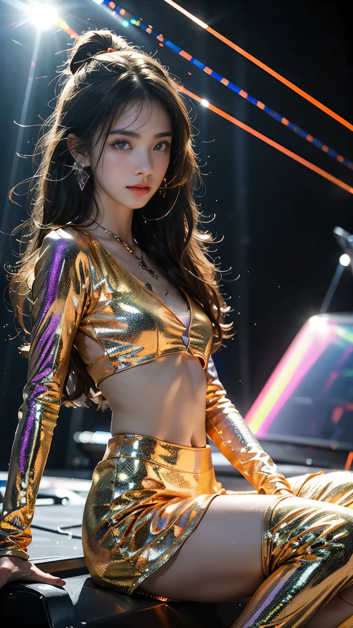8K, ultra hd, masterpiece, 1 girl, (good face:1.4), detailed eyes, very long hair, impressive hairstyle, earings, necklace, small breasts, (glowing outfit:1.5), see-through, (orange laser outfit:1.5), Light-colored foundation brings out the skin, (in the dark:1.5), mystery, (laser lights:1.8), glowing lights, very decoration, The laser falls like water, perfect front body, sitting,