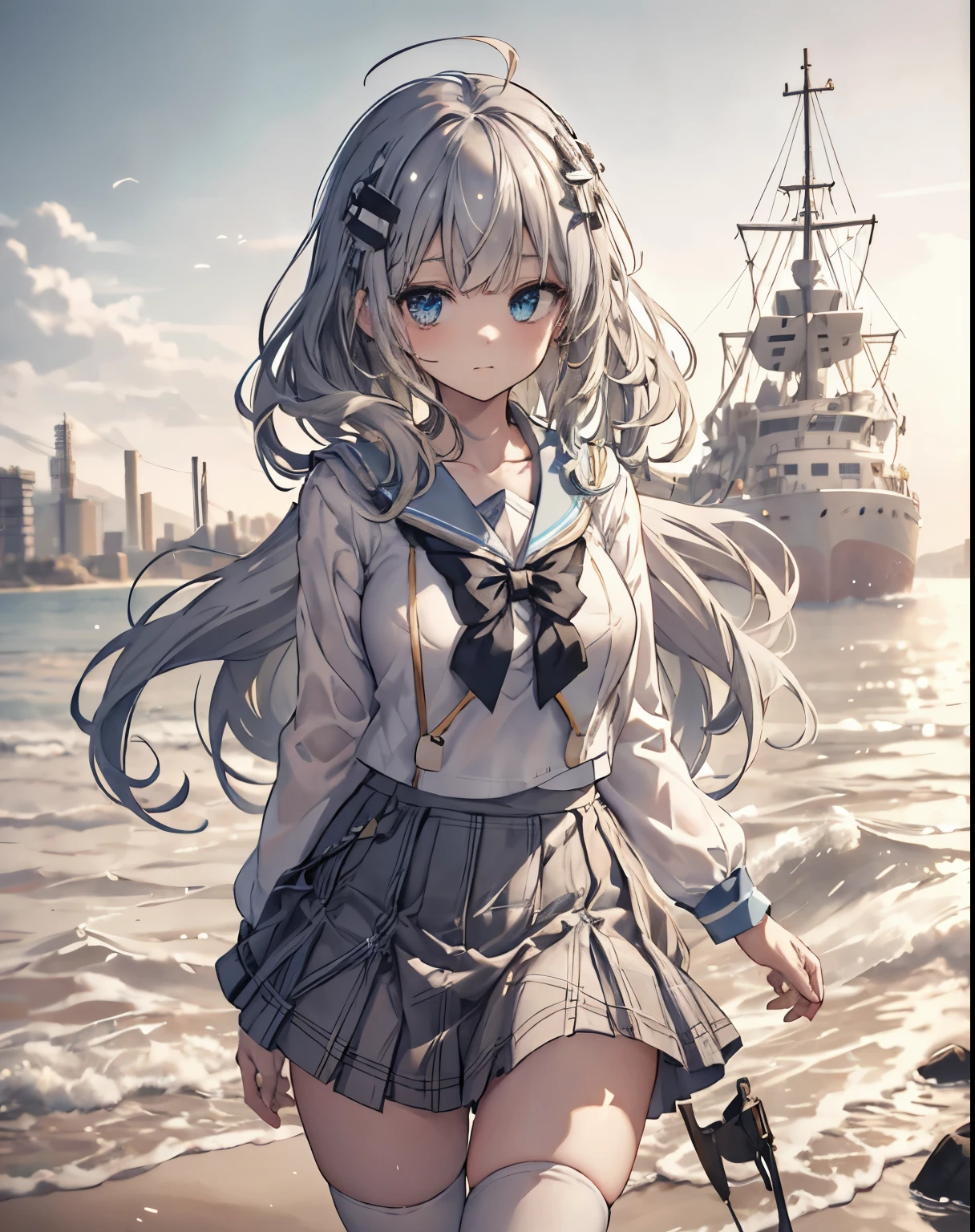 masterpiece, 1girl, sparrow, a silver haired girl, wearing a white sailor clothes, curly long hair, messy hair, slim body, he close her left eye, shirt ornament, aqua eyes, ahoge, baby face, huge breast, beautiful breasts, rounded breasts, long sleeves, beautiful eyes, white stocking, droopy eyes, skirt, black skirt, plaid skirt, her age is 19 years old, beach, bowtie, sailor collar, pleated skirt, tight shirt, plaid skirt, wearing headphone