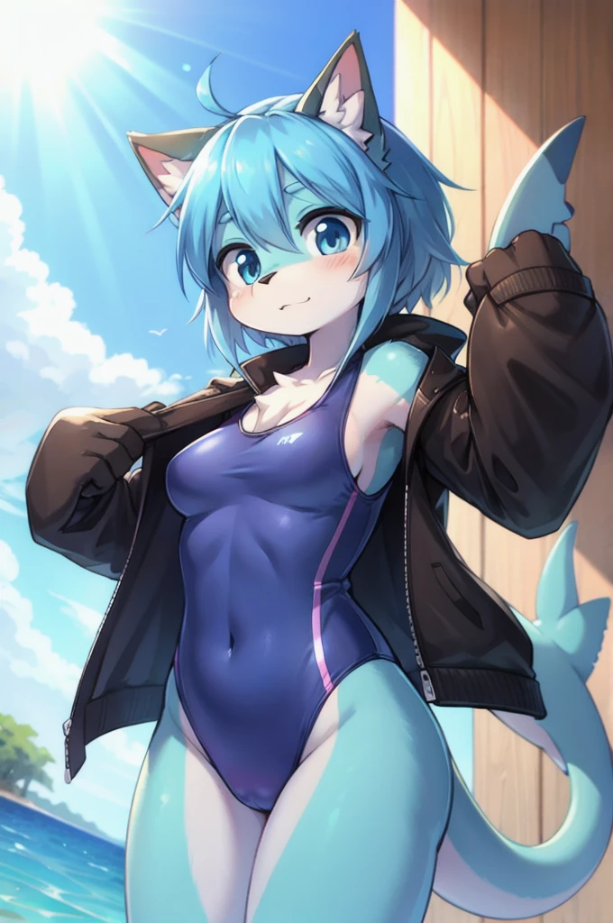 Shark girl wearing a swimsuit, furry, cute, moe