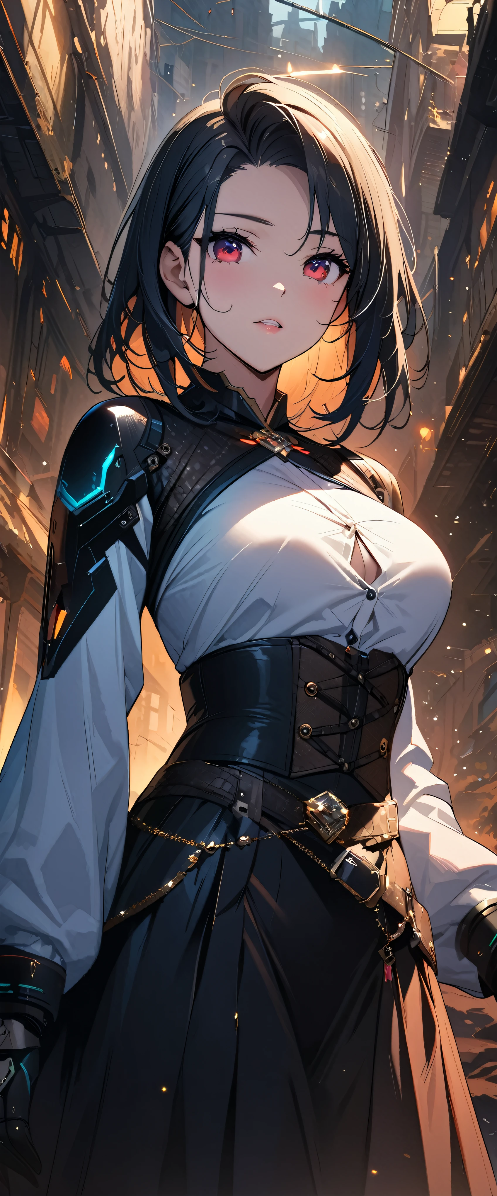 (((masterpiece)))、((highest quality))、(super detailed)、(CG illustration)、(very beautiful girl))、cinematic light、(((1 Mechanical Girl)))、 Science fiction、Apocalypse、Eroguro、graduate School(beautiful and luxurious:1.2)、(1 girl:1.3)、facing the front, (double breasted,under bust:1.2), button gap,(((corset belt))),(((high waist skirt,)))