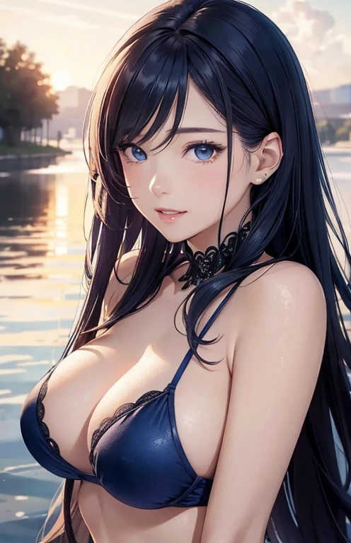 masterpiece、highest quality、High resolution、high quality images、8K, 1 female、skin luster、Texture of skin and clothing、Expression of fine eyes、Glowing blue hair,blue long hair girl, Manga inspired by Lee Jong-suk, trending on deviantart, realism, detailed manga style, manga art style, perfect line drawing, beautiful line drawing, digital manga art girl, K-POPアイドル, dress, beautiful blue eyes, plump lips, detailed gorgeous face, (cute smile), charm, innocent, Side view, (perfectly detailed face), (fine hands) photorealistic images, Depth of written boundary, half up hairstyle, warm sunshine, bikini swimwear , Corolla on the head , cloud,sky sky,sunset ,The skin is delicate,