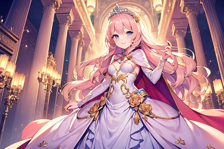 (kawaii),(best quality),(ultra detailed),(rococo style),(long train pastel pink cape:1.15), very long cape,(long train white ball gown with flower decorations:1.1), a girl is wearing a cape over her gown, 1 little princess, tiara, smile, very long hair, small breasts, beautiful detailed eyes, beautiful detailed lips