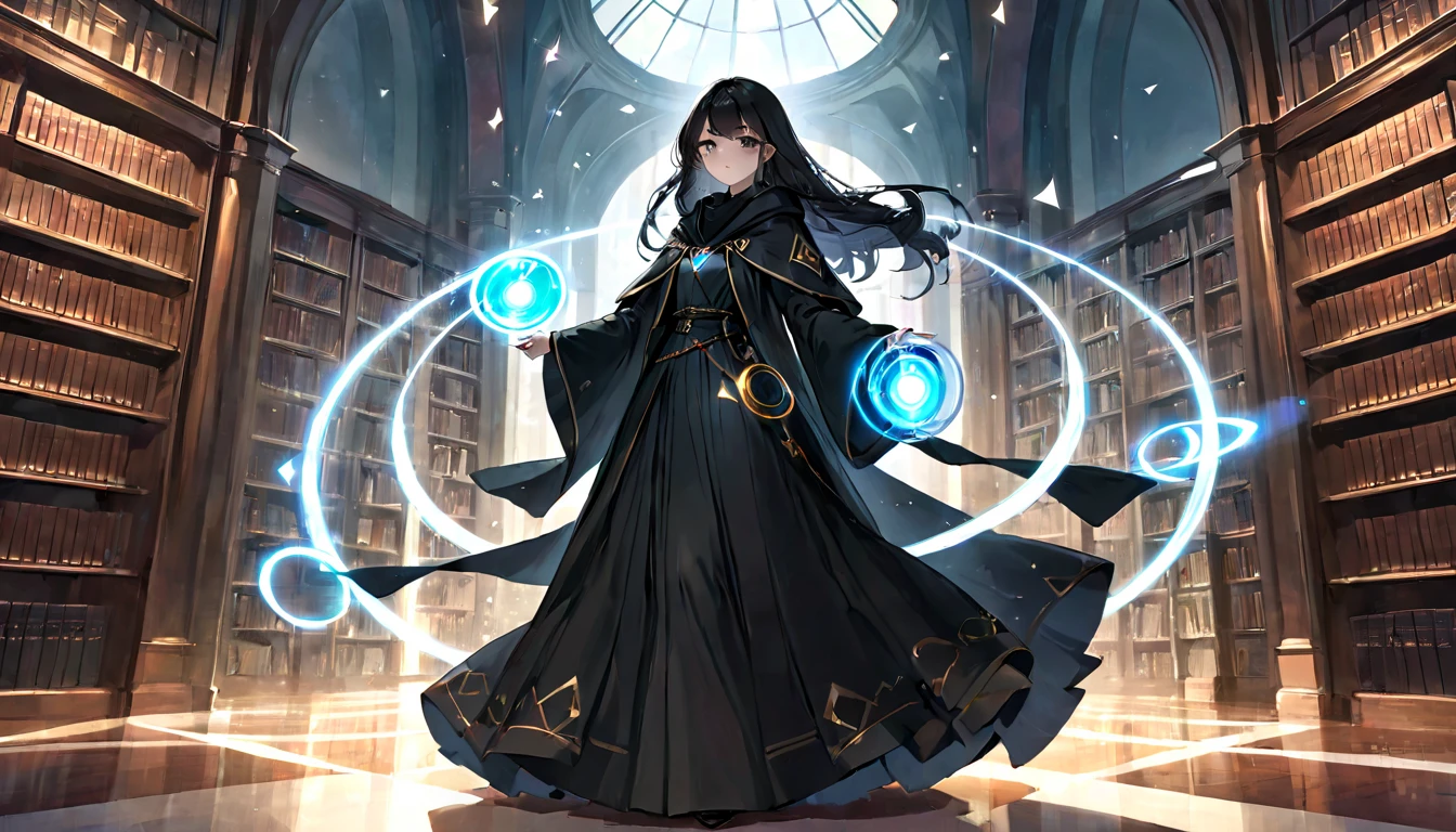 (masterpiece, best quality, very aesthetic, absurdres,general) ,
1girl, solo, very long black wizard's cloak, long wizard's trousers,very long skirt:1.2),The girl is using magic,Glowing triangular magic circle, library room