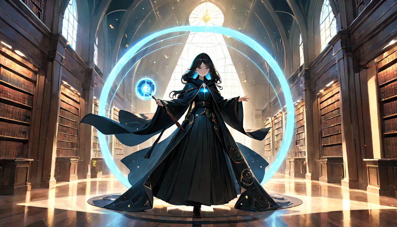 (masterpiece, best quality, very aesthetic, absurdres,general) ,
1girl, solo, very long black wizard's cloak, long wizard's trousers,very long skirt:1.2),The girl is using magic,Glowing triangular magic circle, library room