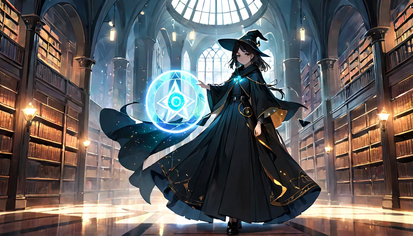 (masterpiece, best quality, very aesthetic, absurdres,general) ,
1girl, solo, very long black wizard's cloak, long wizard's trousers,very long skirt:1.2),The girl is using magic,Glowing triangular magic circle, library room